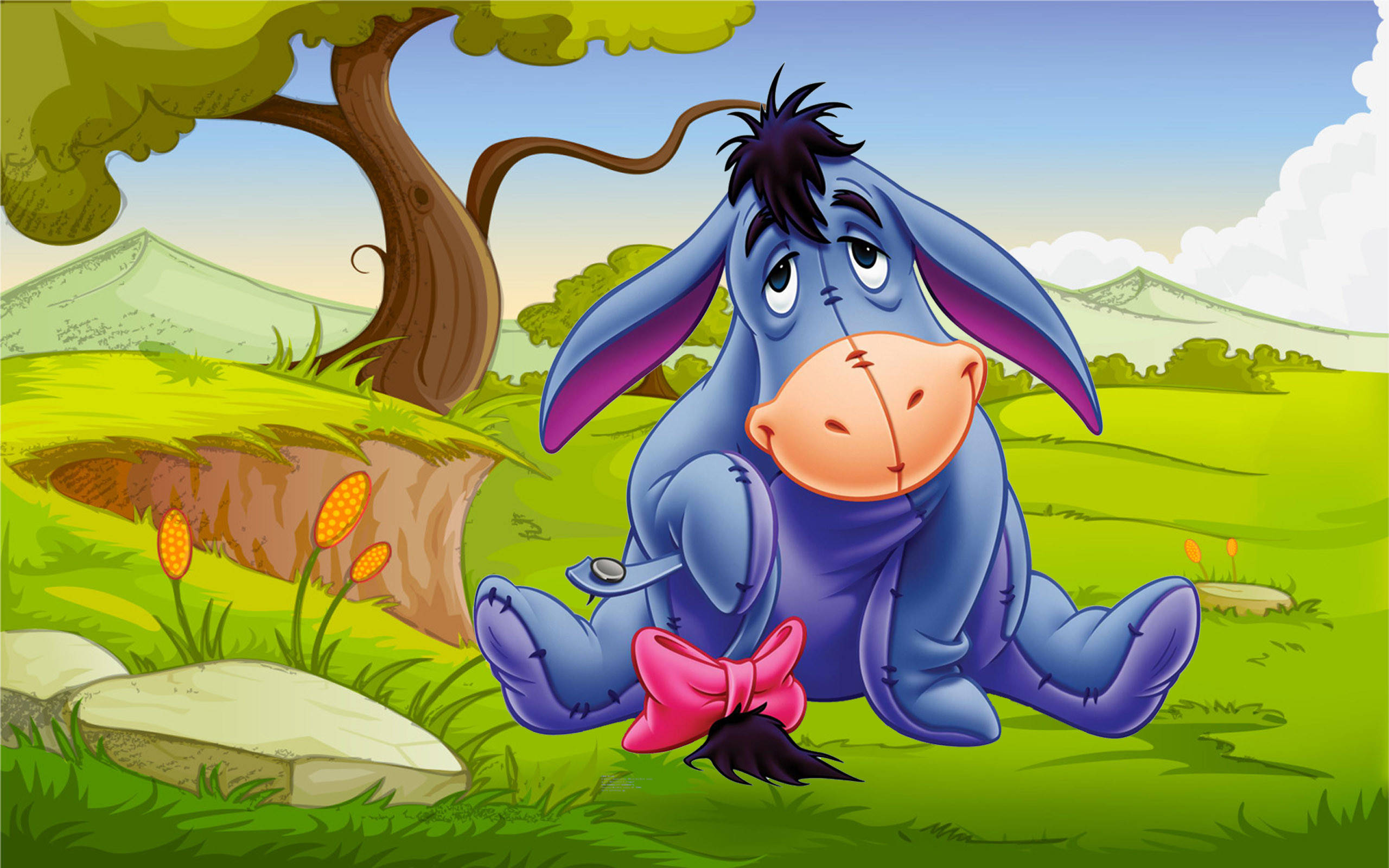 Eeyore, blue cartoon donkey, pink bow, 2K Desktop Wallpaper
