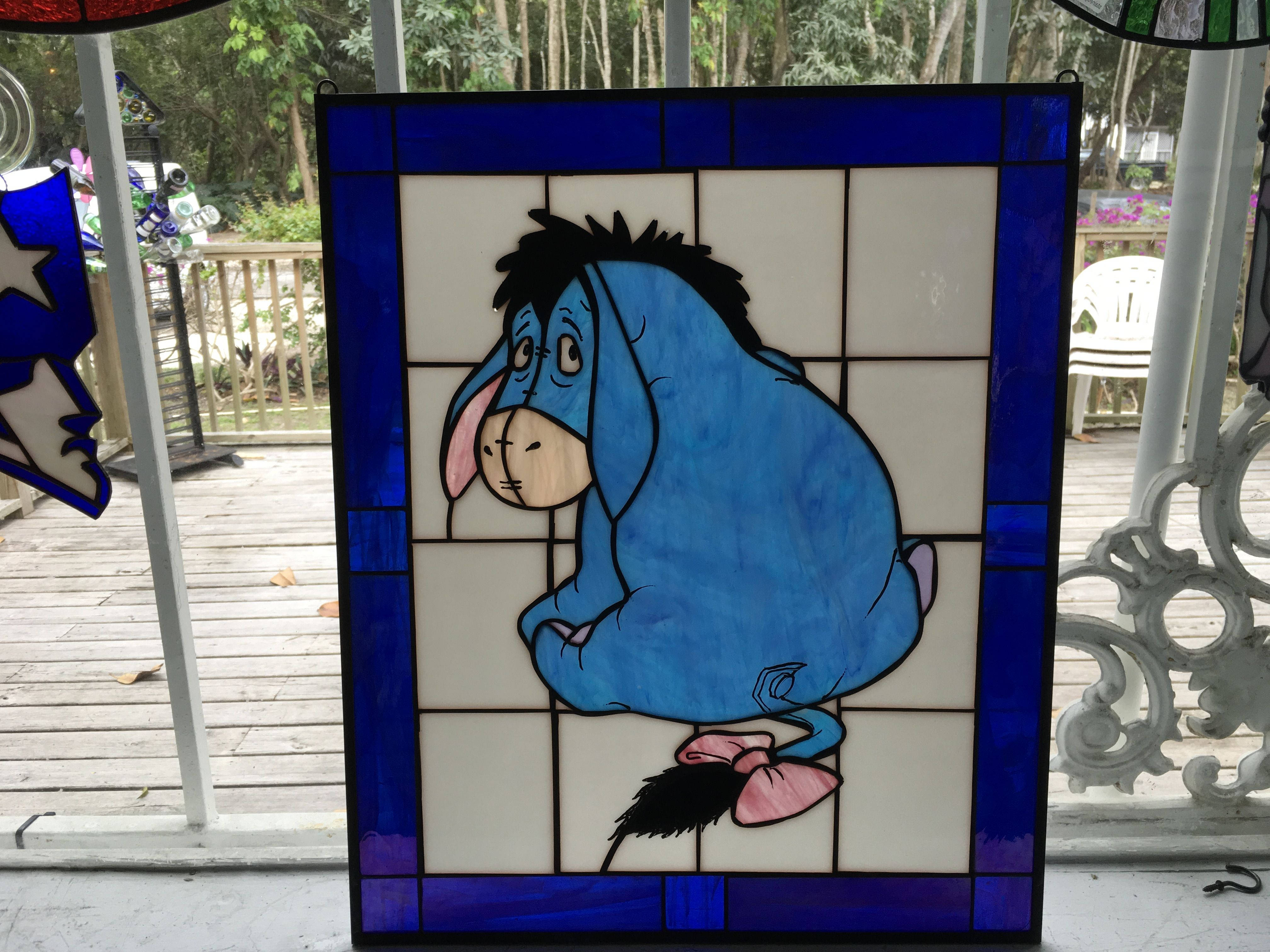 Eeyore, stained glass window, blue cartoon donkey, 4K Desktop Wallpaper