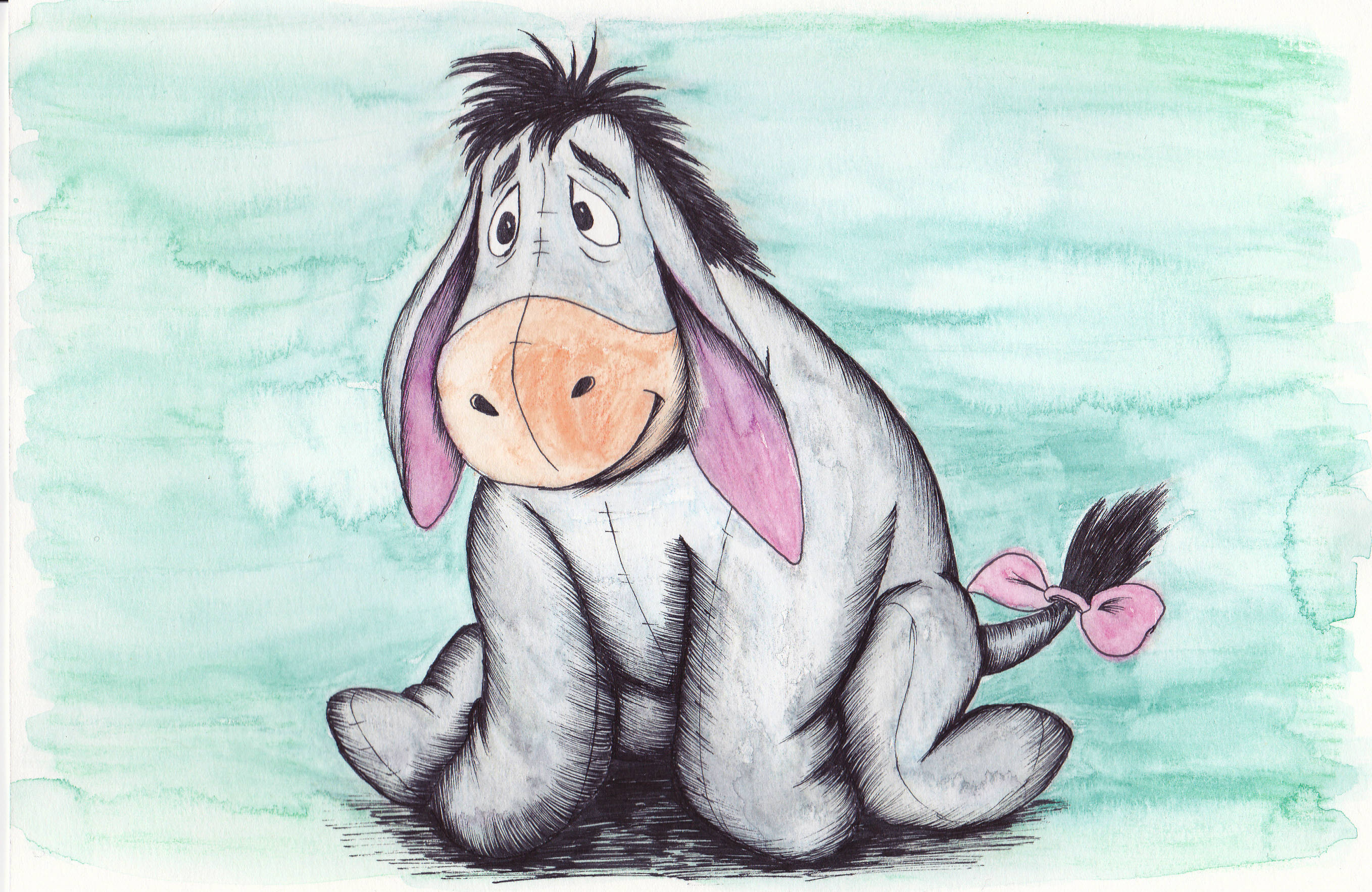 Eeyore, watercolor illustration, pink bow, 2K Desktop Wallpaper