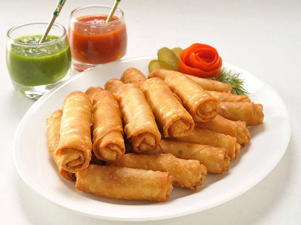egg rolls, salsa dips, white plate, HD Desktop Wallpaper