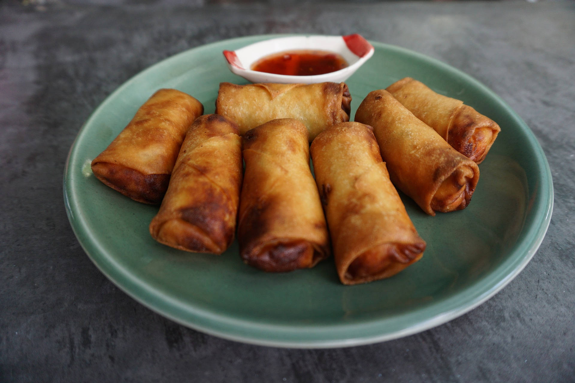 egg rolls, green plate, red dipping sauce, Full HD Desktop Wallpaper