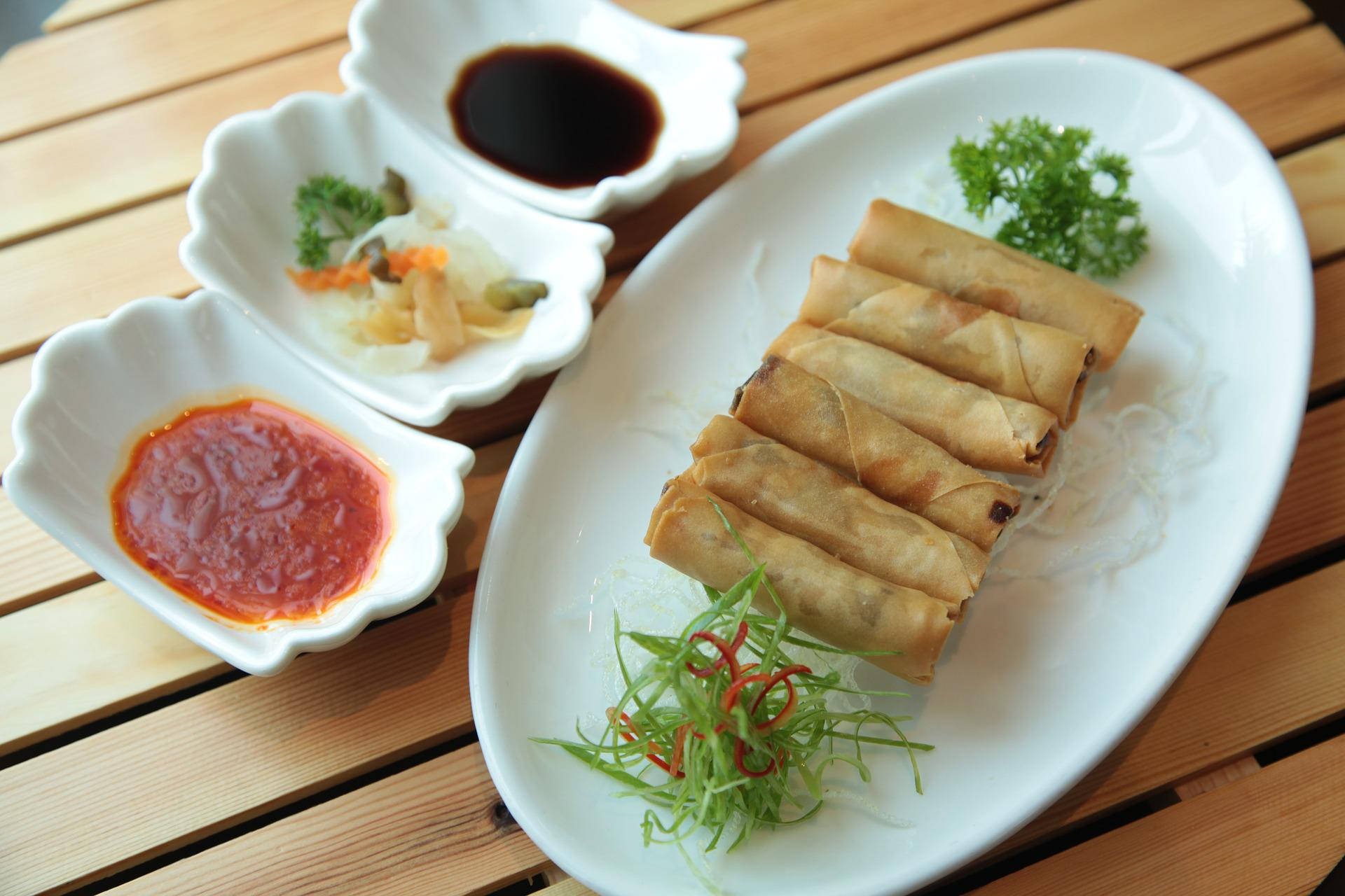 Egg Roll Platter, three dips, golden fried spring rolls, Full HD Desktop Wallpaper