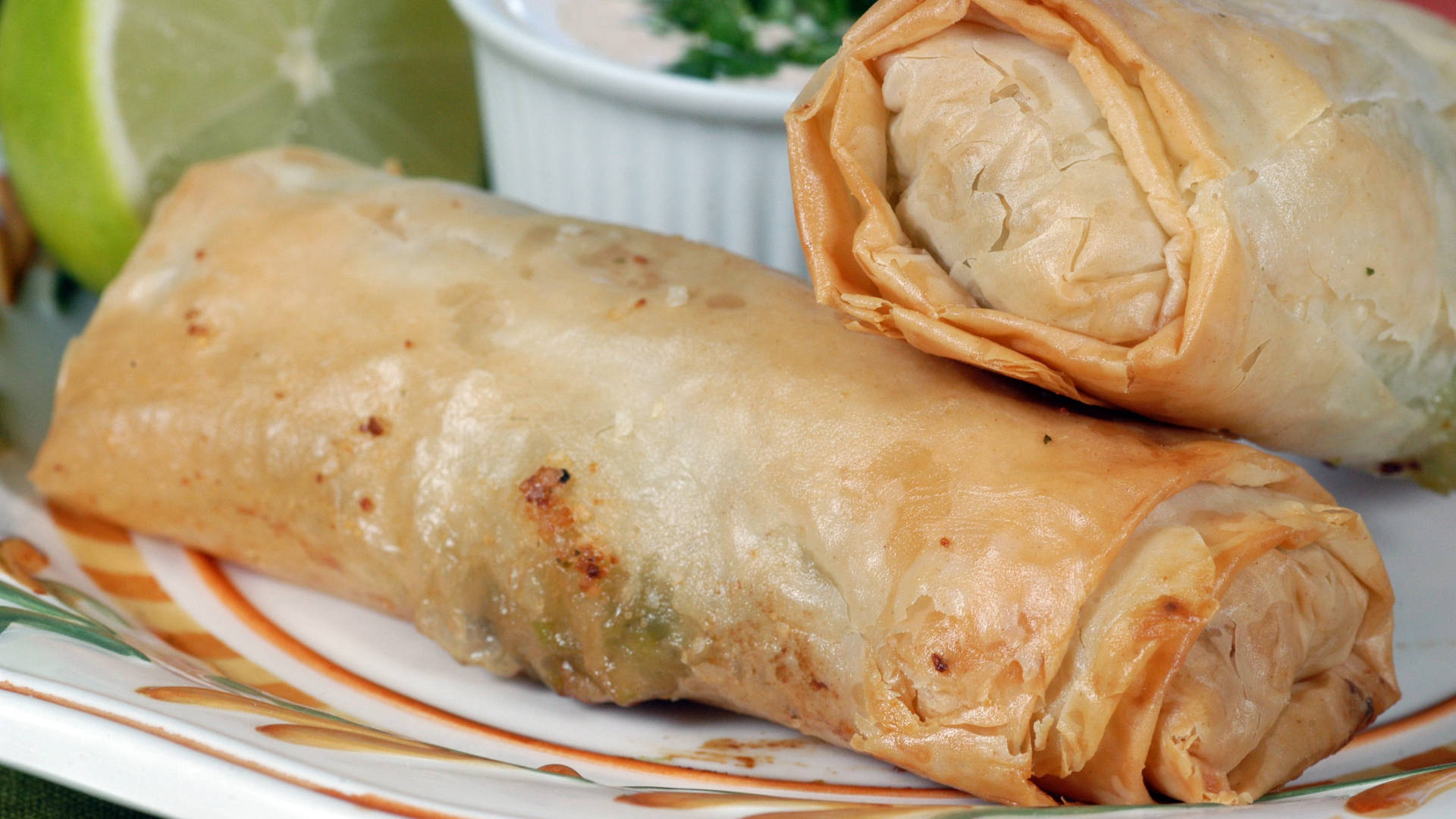 thick egg rolls, lime wedge, dipping sauce, Full HD Desktop Wallpaper