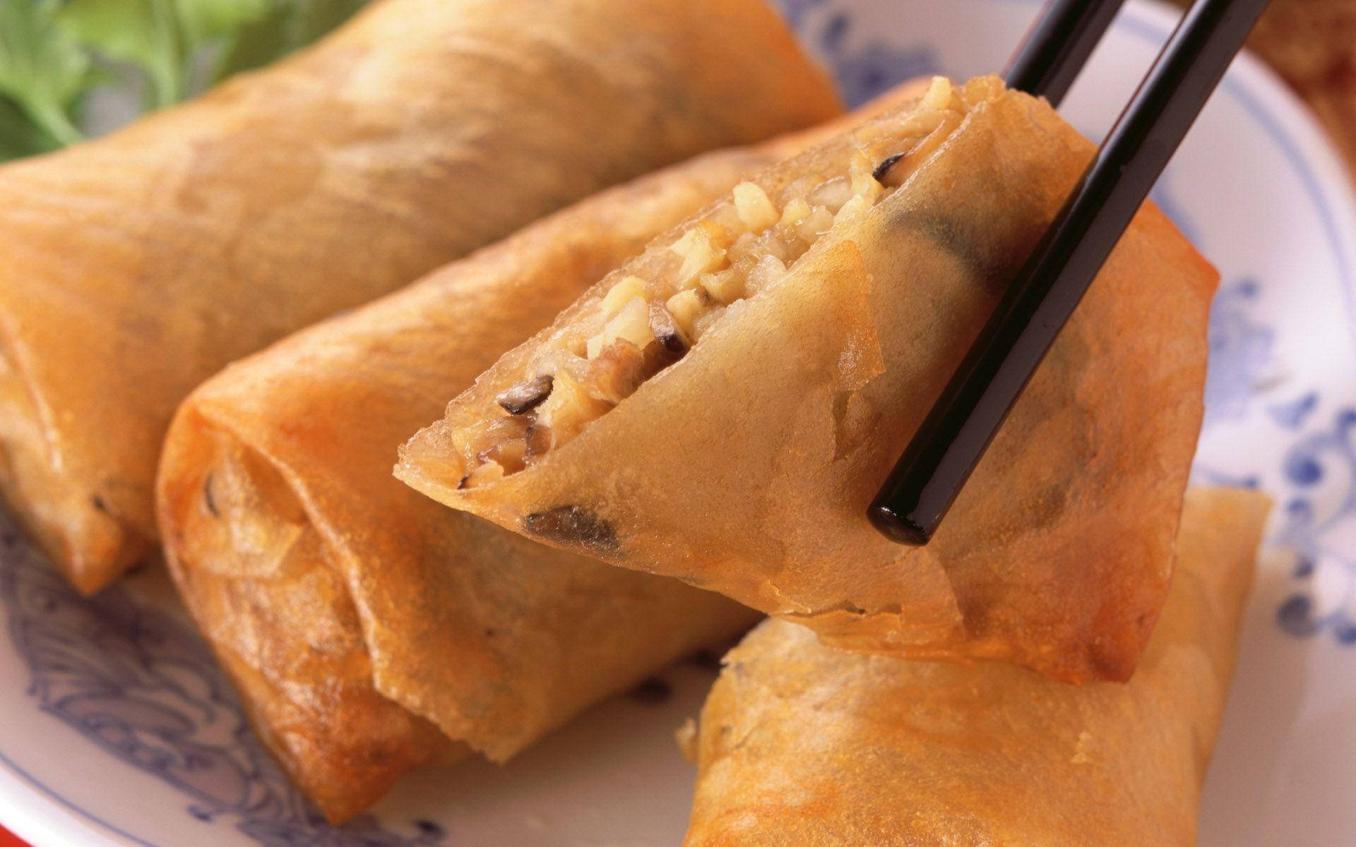 sliced egg rolls, chopsticks, golden-brown spring rolls, Full HD Desktop Wallpaper