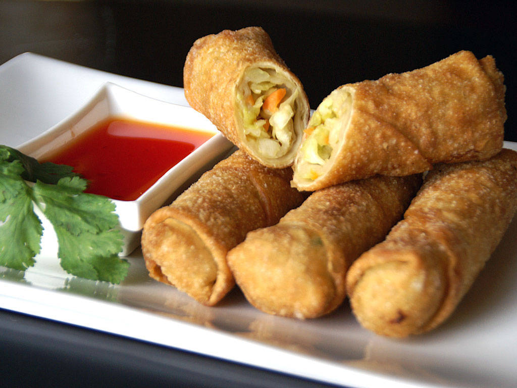 sliced egg rolls, sweet sauce dip, red dipping sauce, SD Desktop Wallpaper