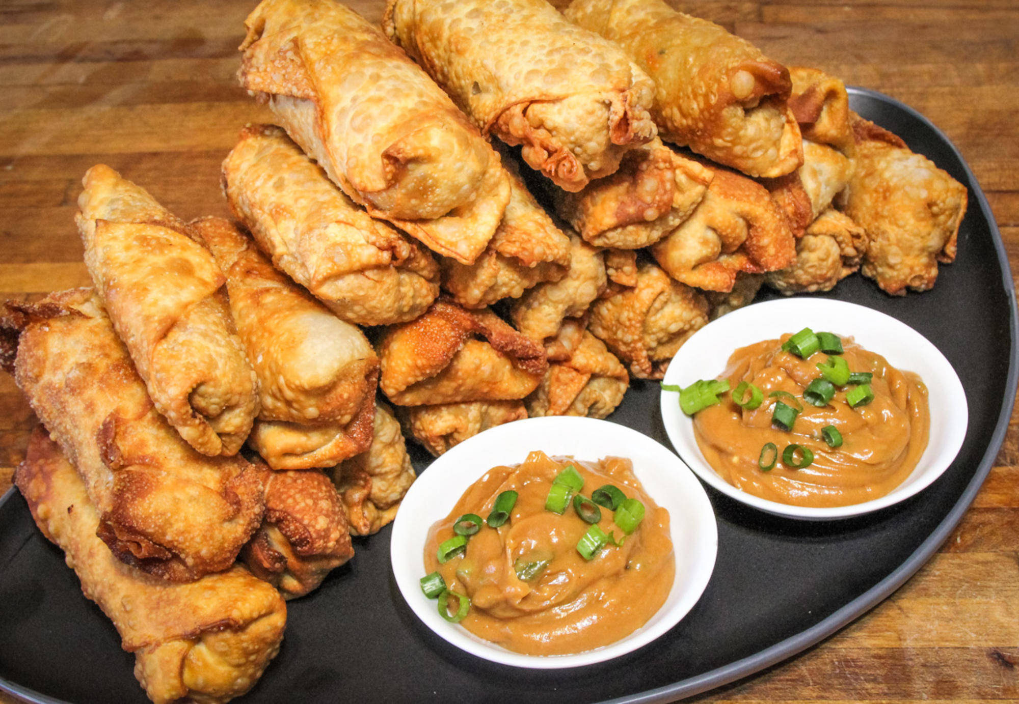 egg rolls, peanut sauce, black plate, Full HD Desktop Wallpaper