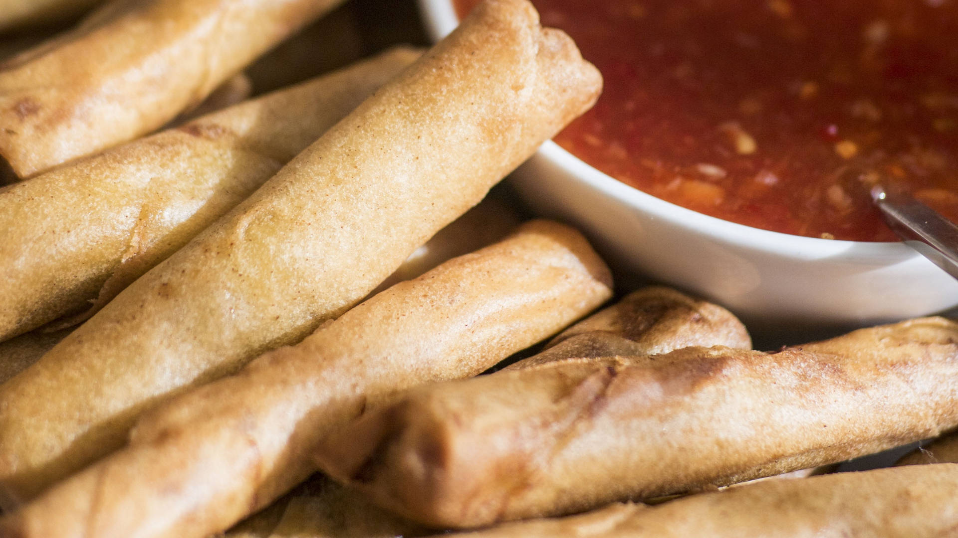 egg rolls, dip, golden-brown, Full HD Desktop Wallpaper