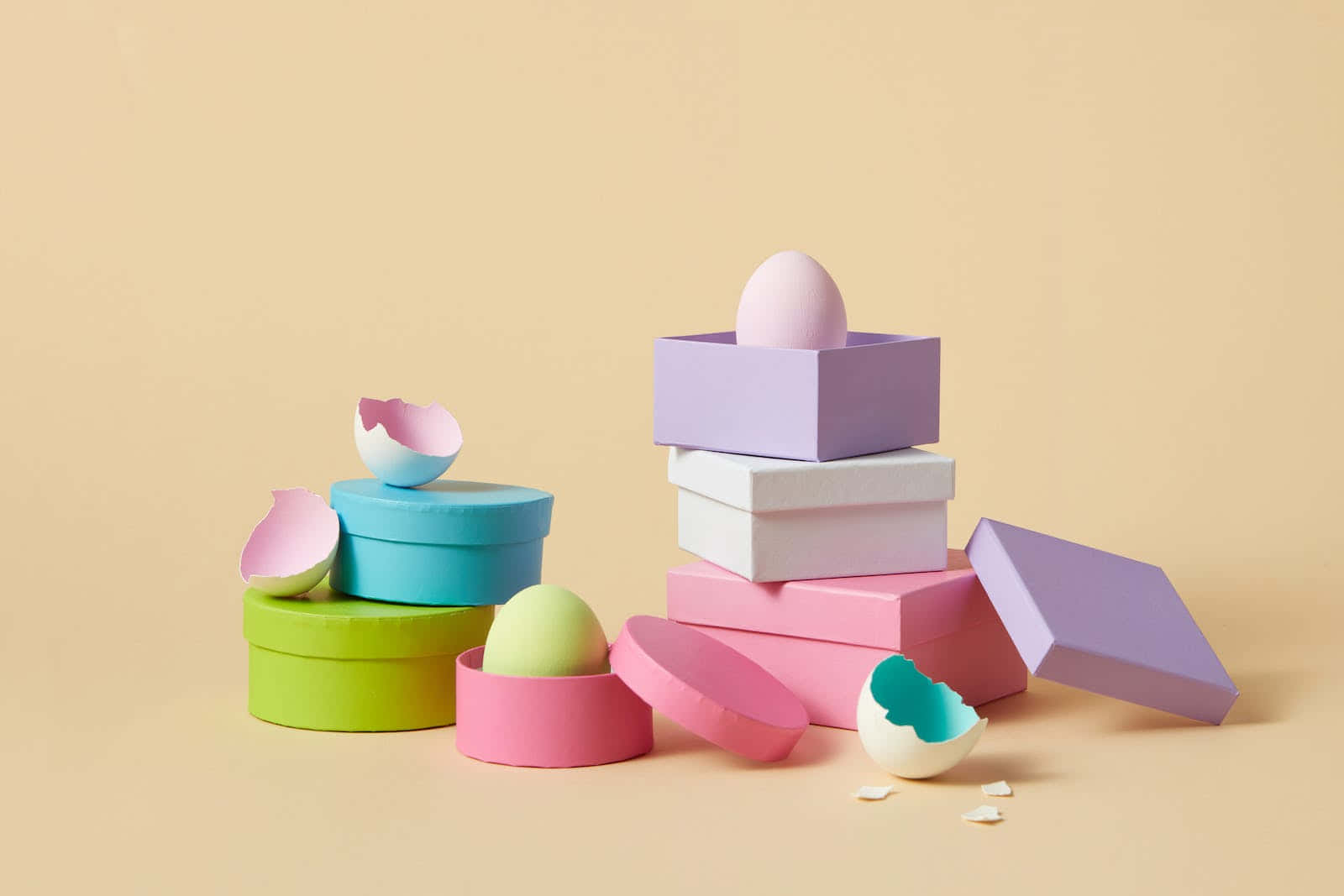 Pastel Easter Eggs, Pastel-colored boxes, soft beige background, HD Desktop Wallpaper