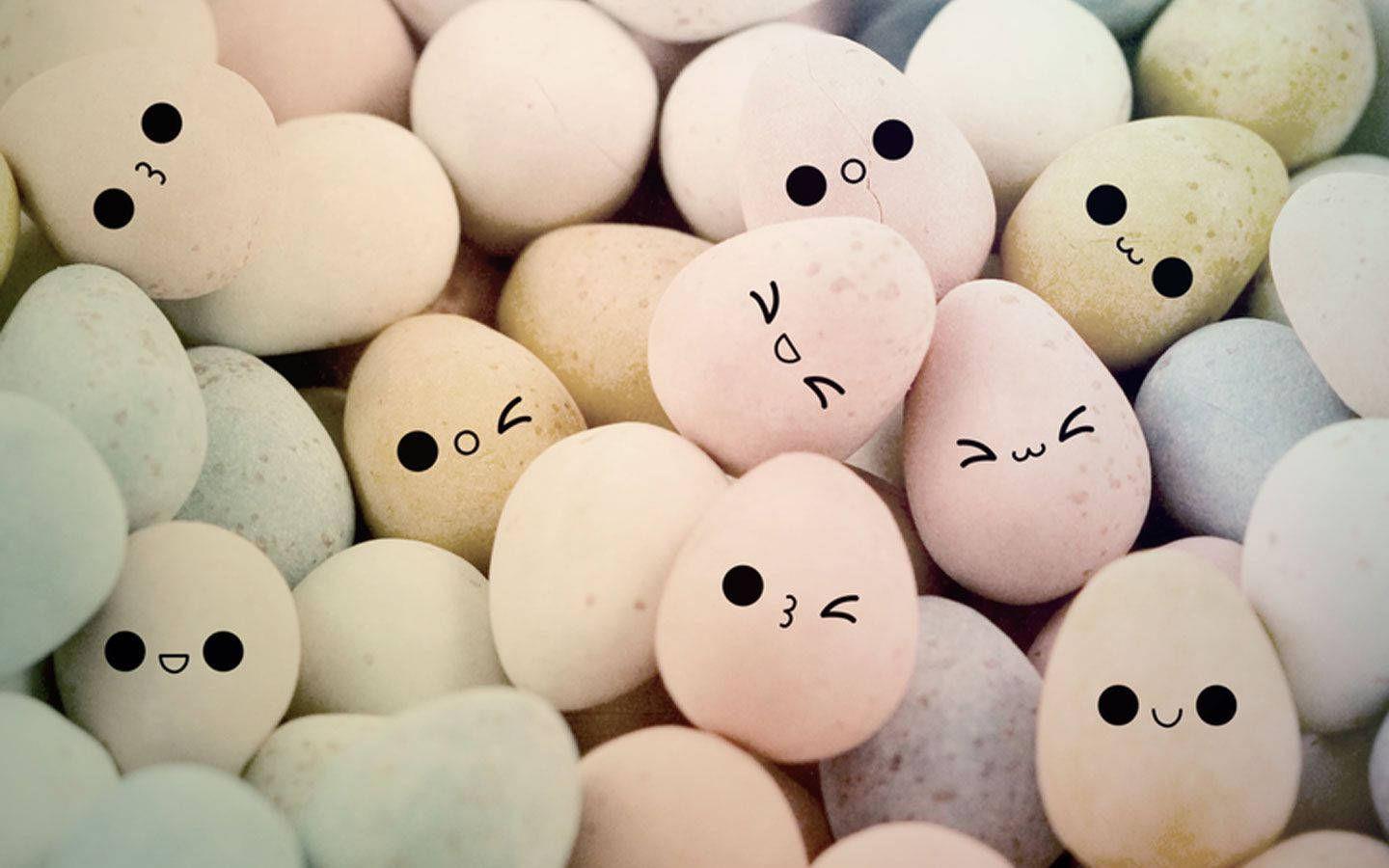 pastel-colored eggs, cute hand-drawn faces, soft focus, HD Desktop Wallpaper