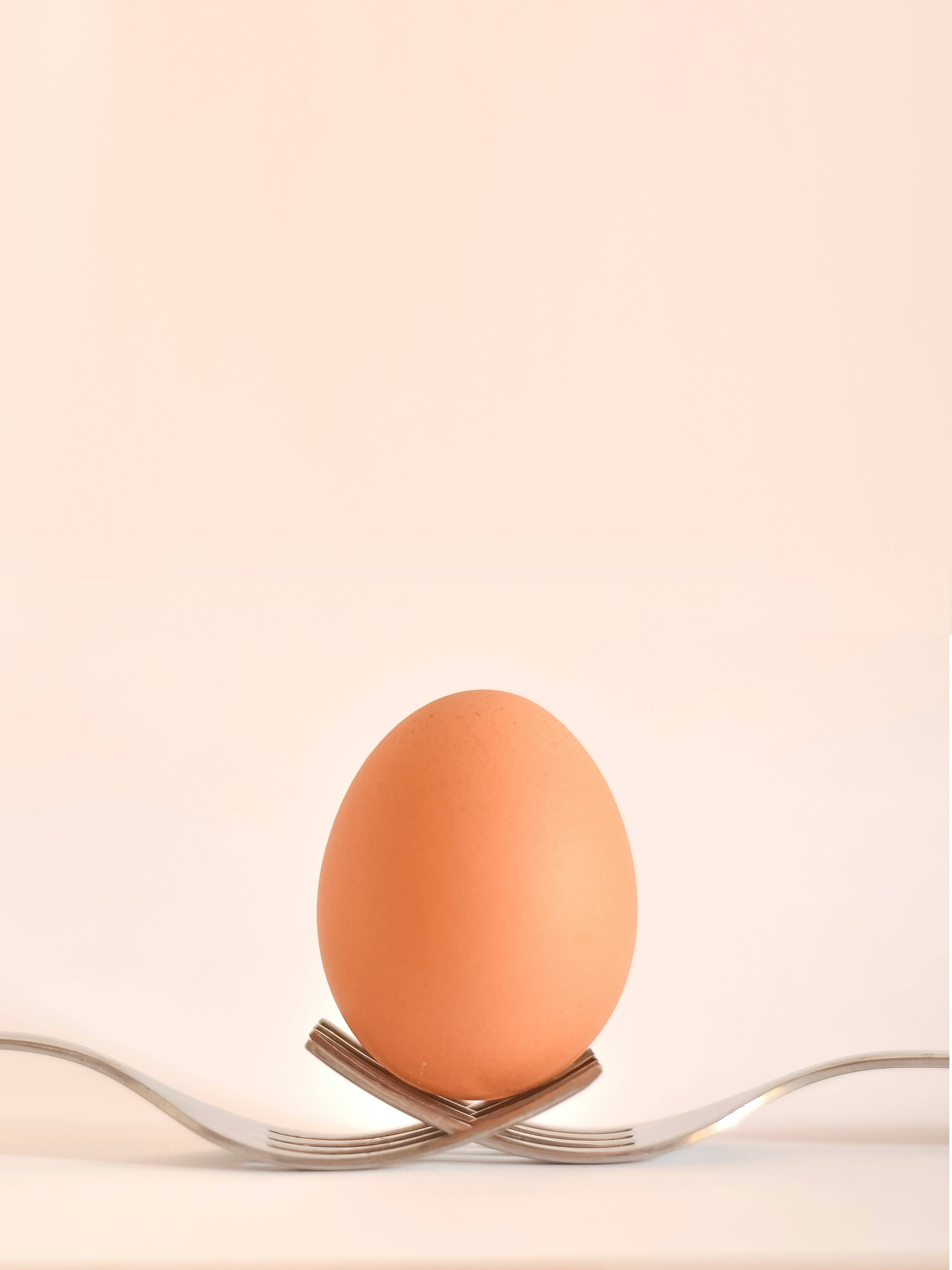 brown egg, silver forks, peach background, 4K Phone Wallpaper