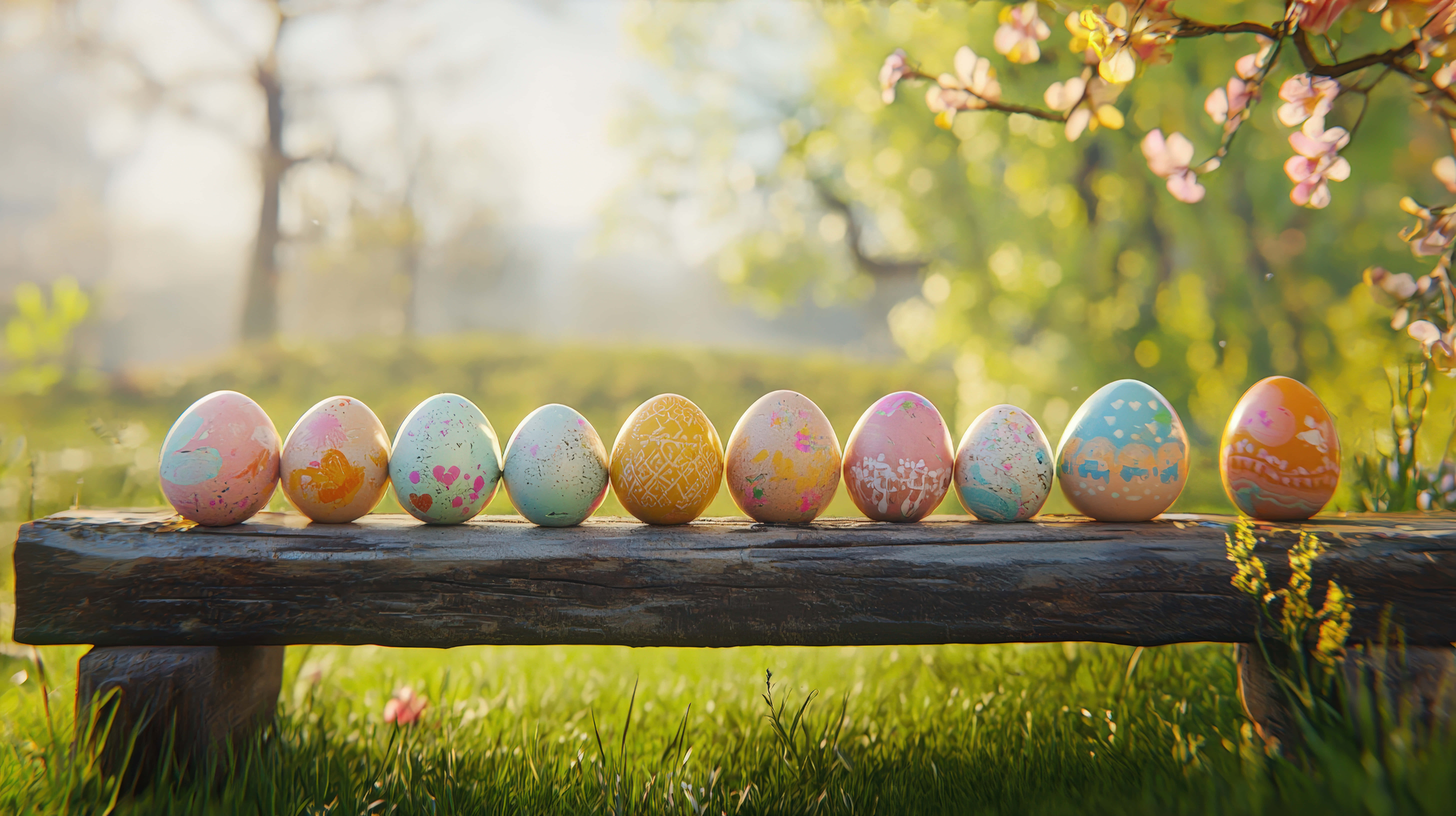 Easter eggs, rustic wooden bench, spring garden, 8K Desktop Wallpaper
