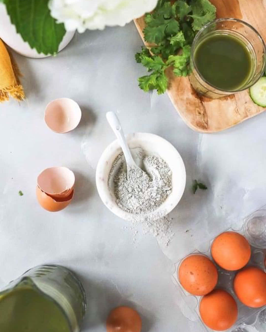 Eggshell, light gray countertop, bowl of gray powder, HD Phone Wallpaper