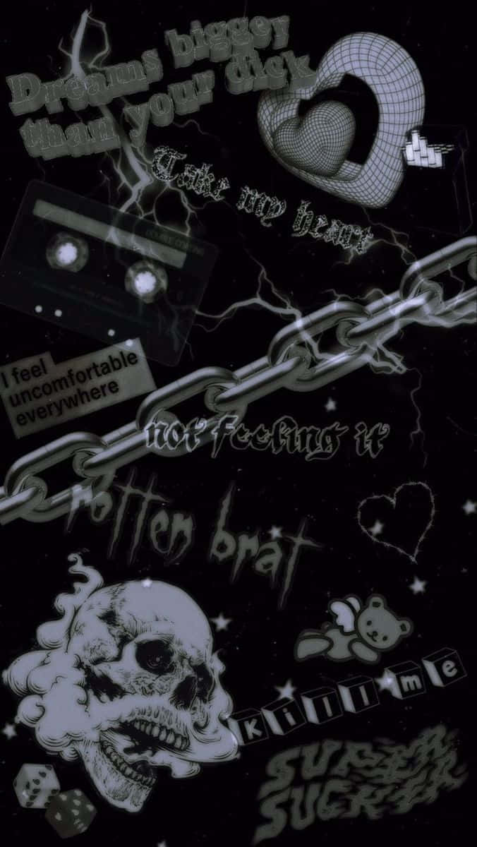 skull cassette tape chain, chaotic text, black background, SD Phone Wallpaper