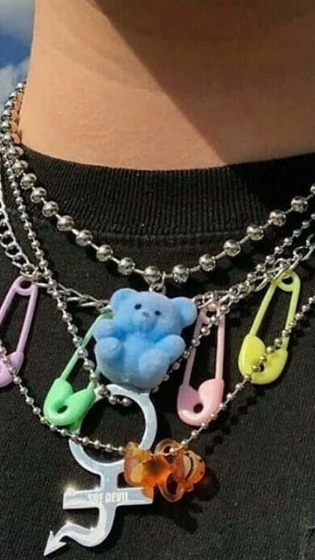 blue teddy bear charm, layered necklaces, colorful safety pins, Full HD Phone Wallpaper