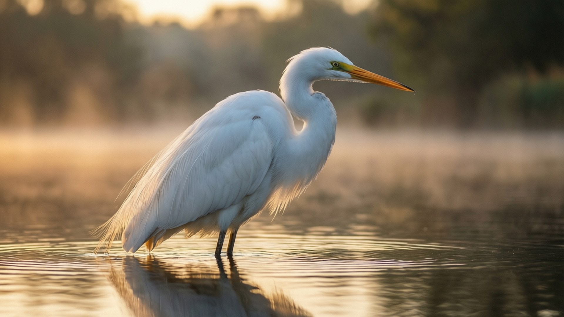 Golden Dawn Egret, golden dawn light, egret, Full HD Desktop Wallpaper