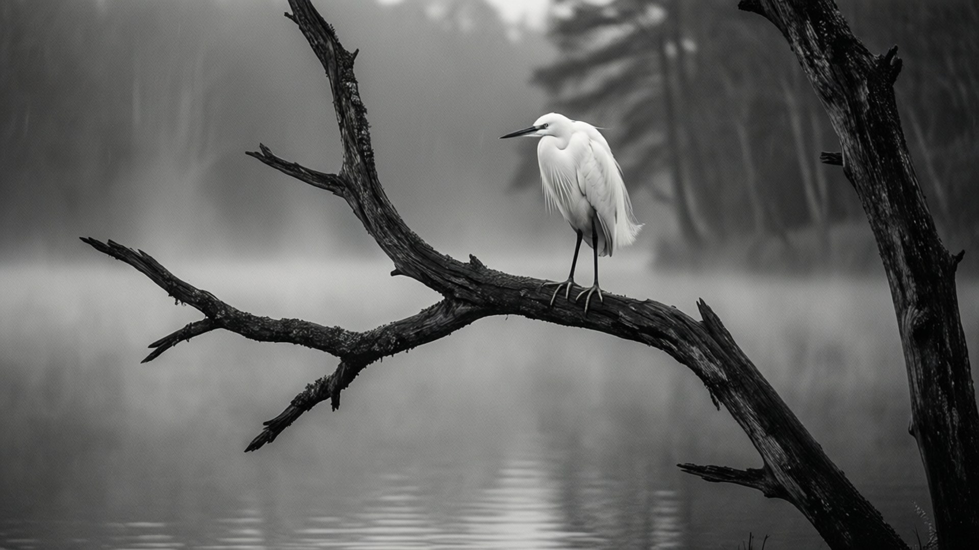 Misty Morning Egret, egret, branch, Full HD Desktop Wallpaper