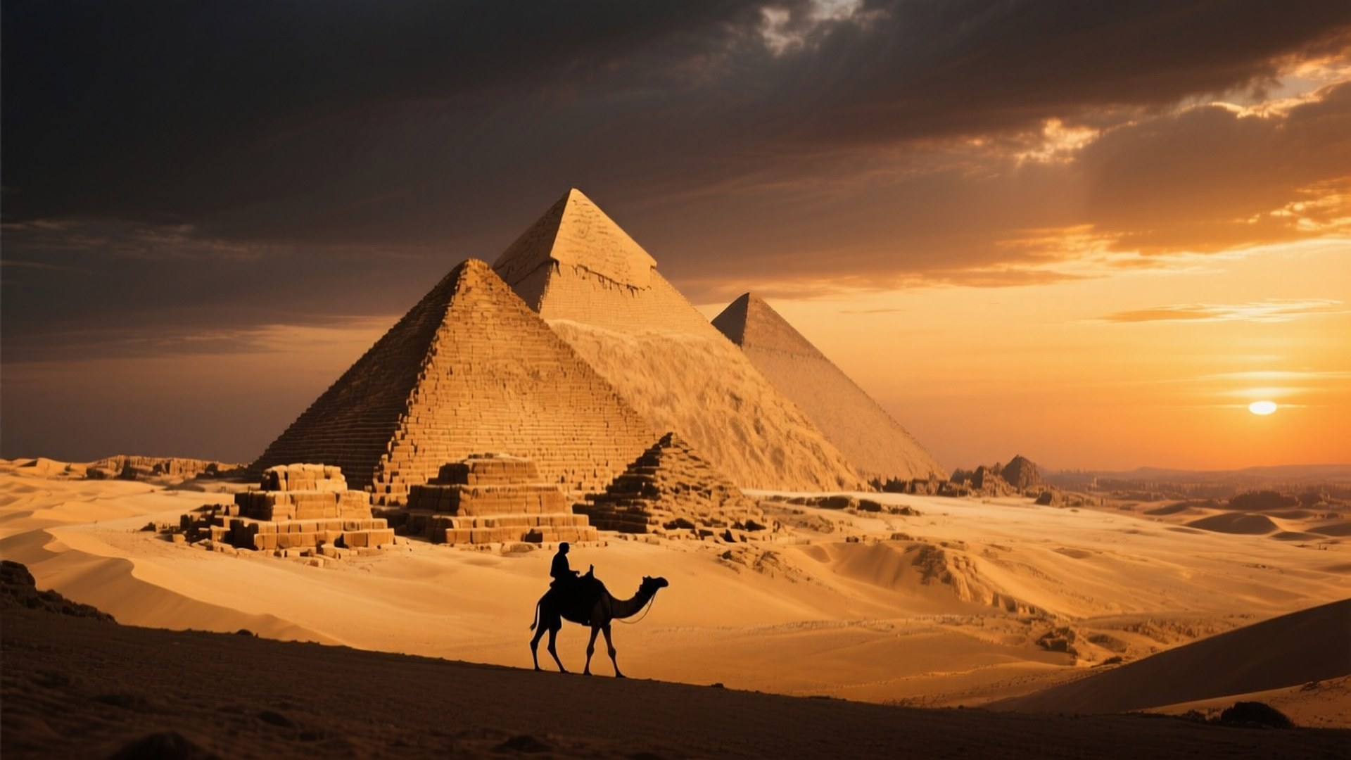 golden sunset, pyramids, camel rider, Full HD Desktop Wallpaper