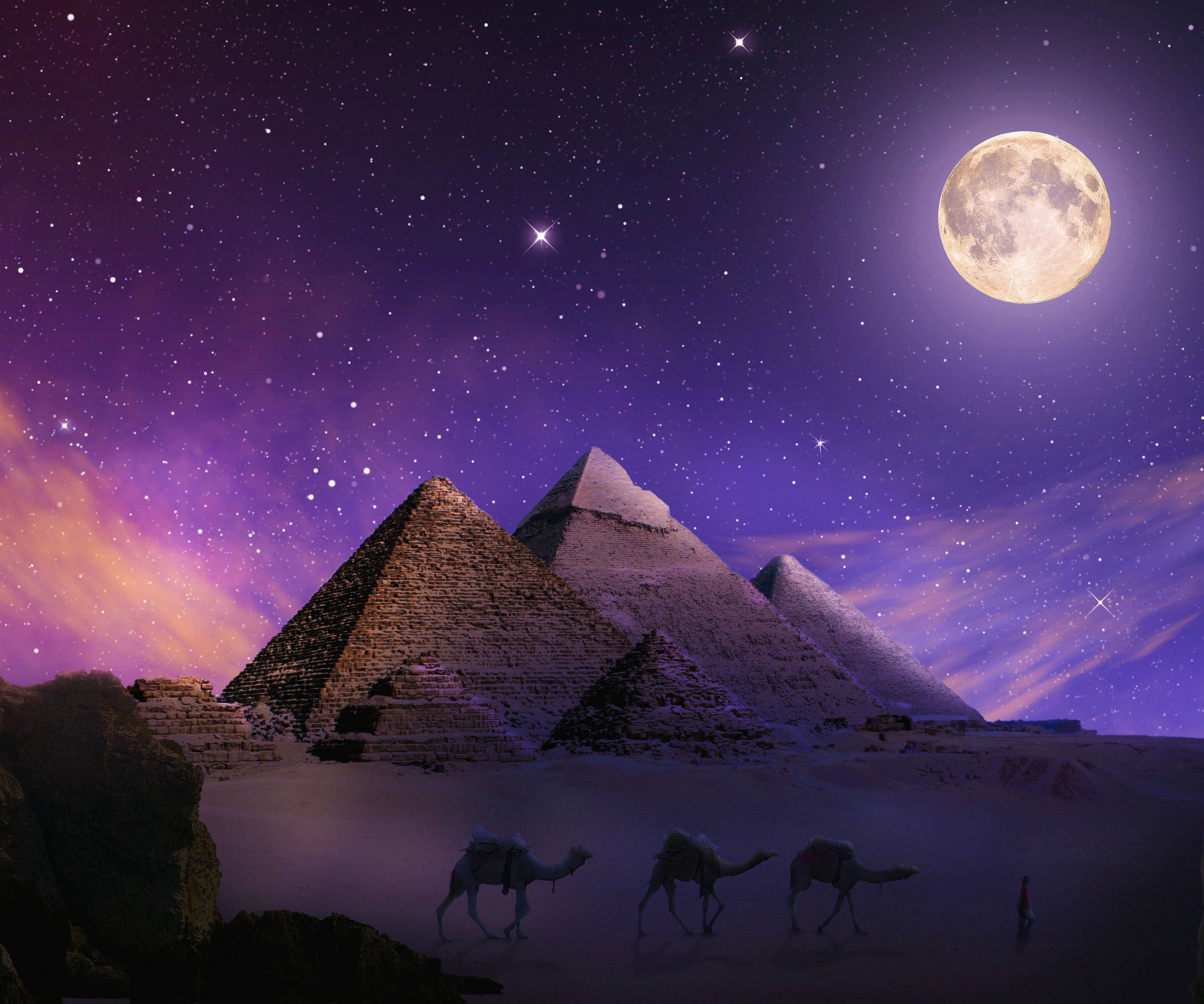 Egypt, pyramids, starry purple sky, 2K Desktop Wallpaper