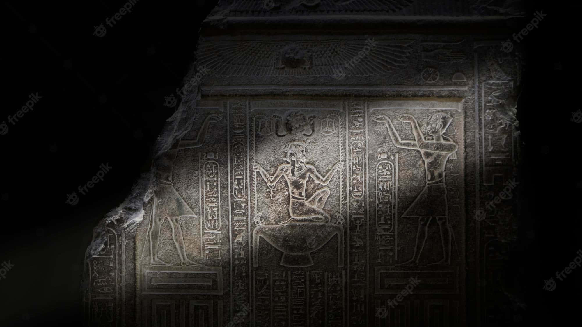 Egyptian pharaoh statue, ancient Egyptian stone relief, hieroglyphs, Full HD Desktop Wallpaper