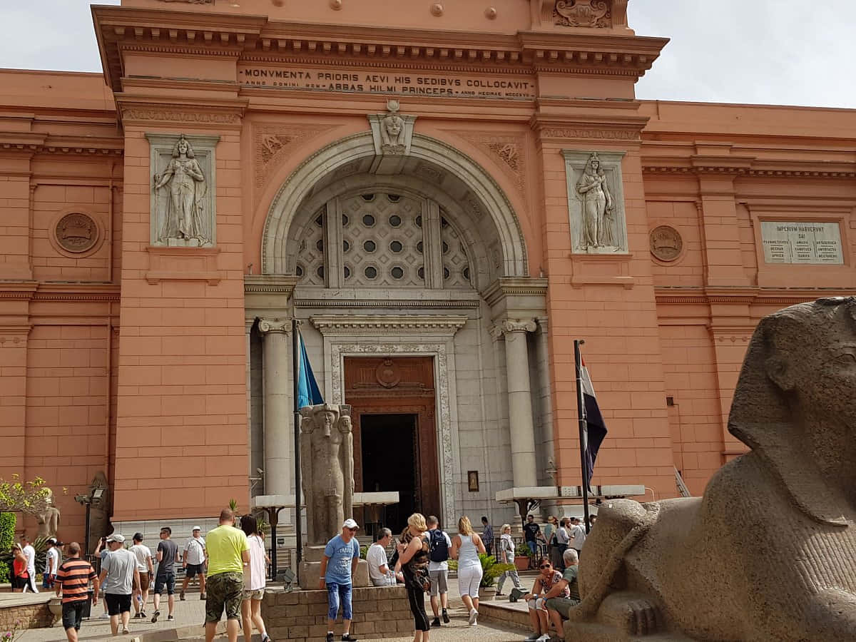 Egyptian Museum, pink facade, sphinx statue, SD Desktop Wallpaper