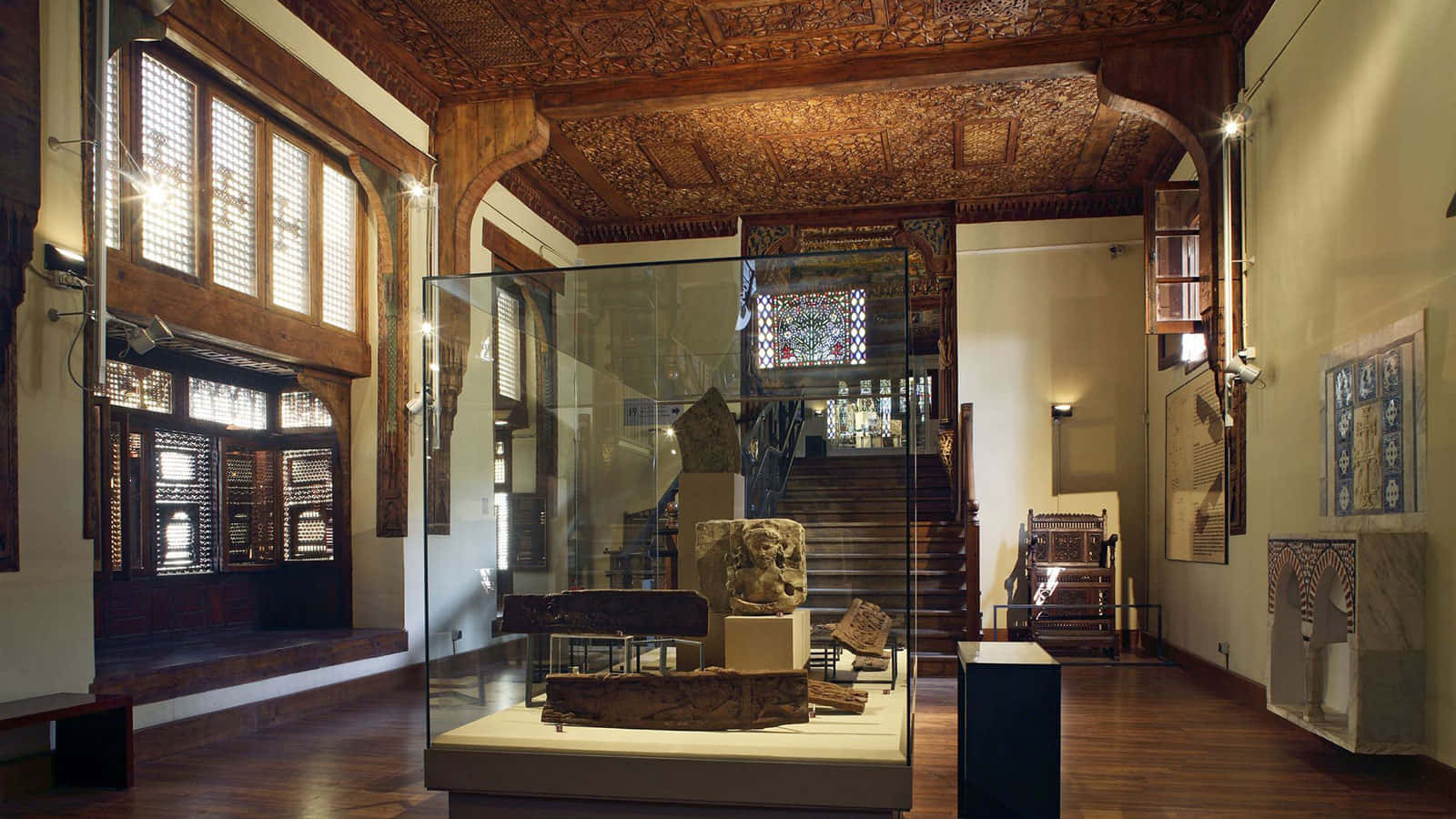 Egyptian Museum, ornate wooden ceiling, glass display cases, HD Desktop Wallpaper