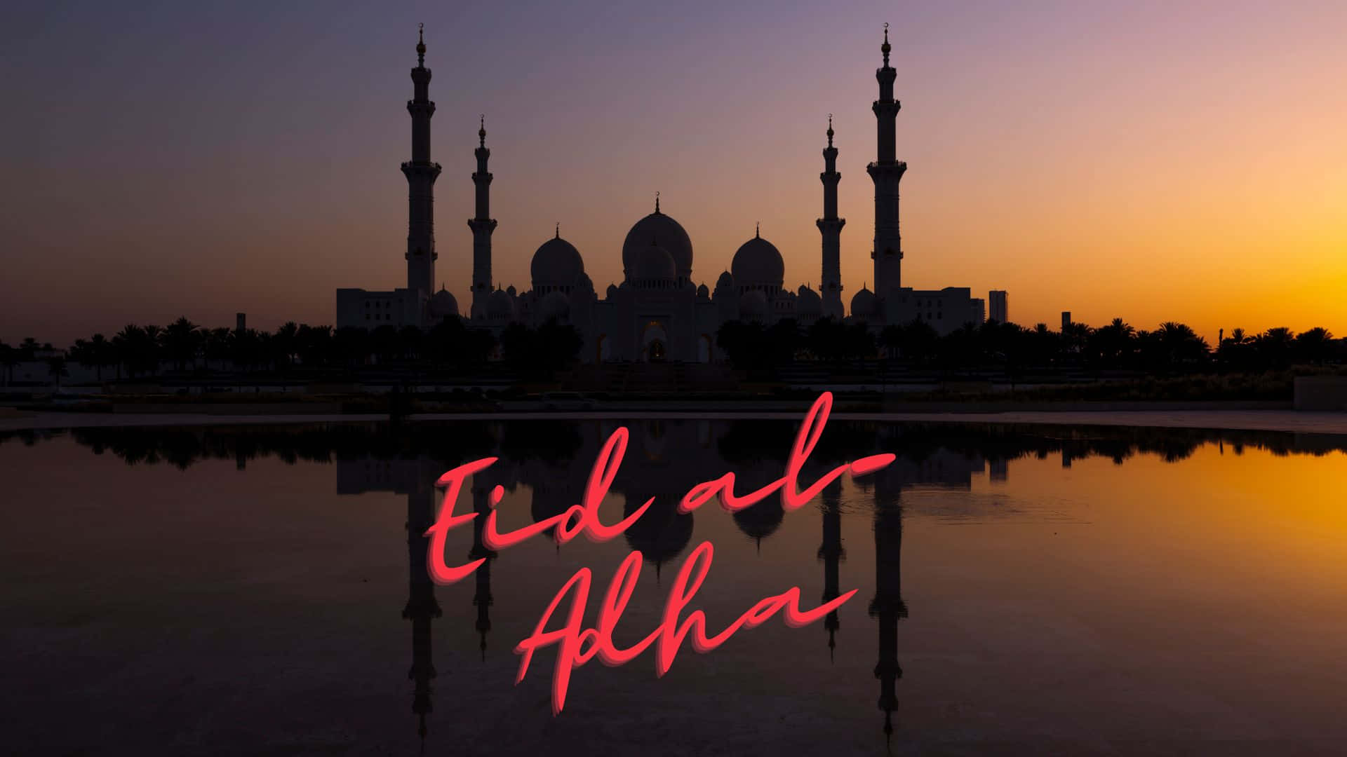 Eid al Adha, grand mosque, vibrant sunset sky, Full HD Desktop Wallpaper