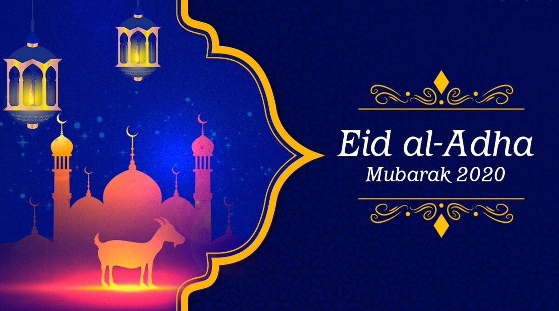Eid al-Adha, glowing lanterns, mosque silhouette, HD Desktop Wallpaper