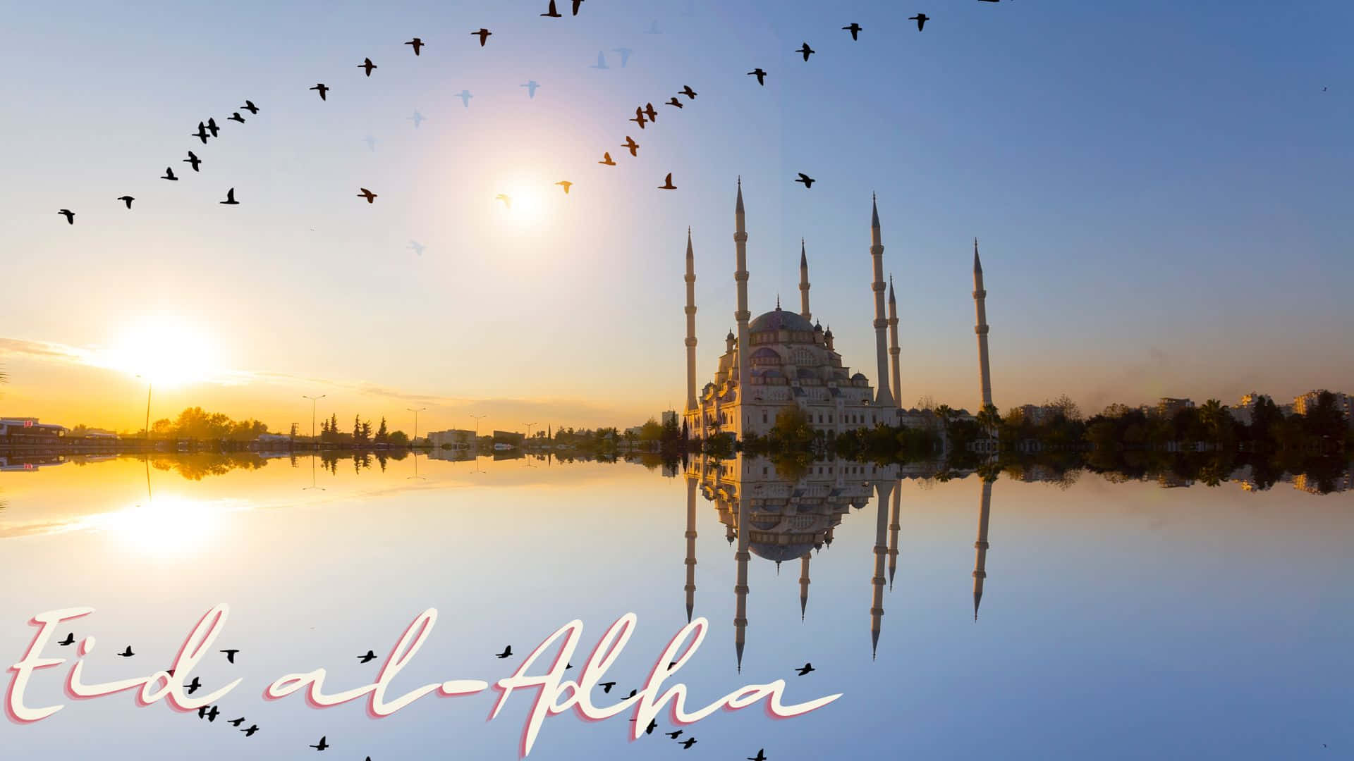 grand mosque, minarets, calm water, Full HD Desktop Wallpaper