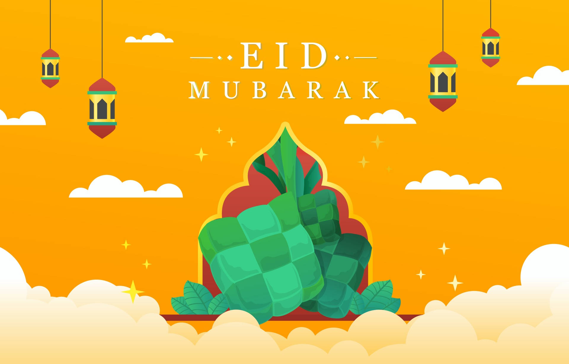 Eid Mubarak, green ketupat, hanging lanterns, Full HD Desktop Wallpaper