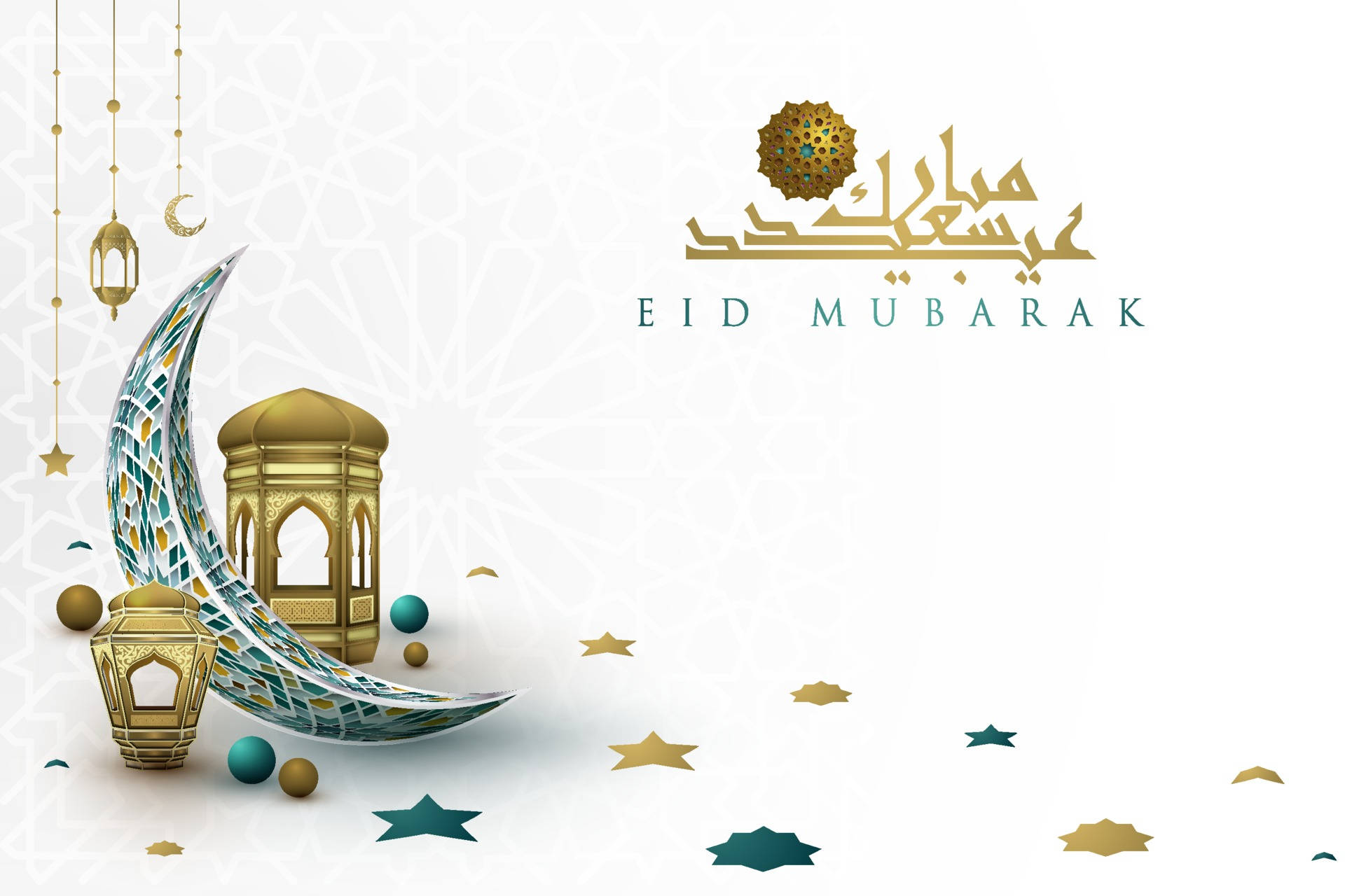 Eid Mubarak, golden crescent moon, mosque, Full HD Desktop Wallpaper