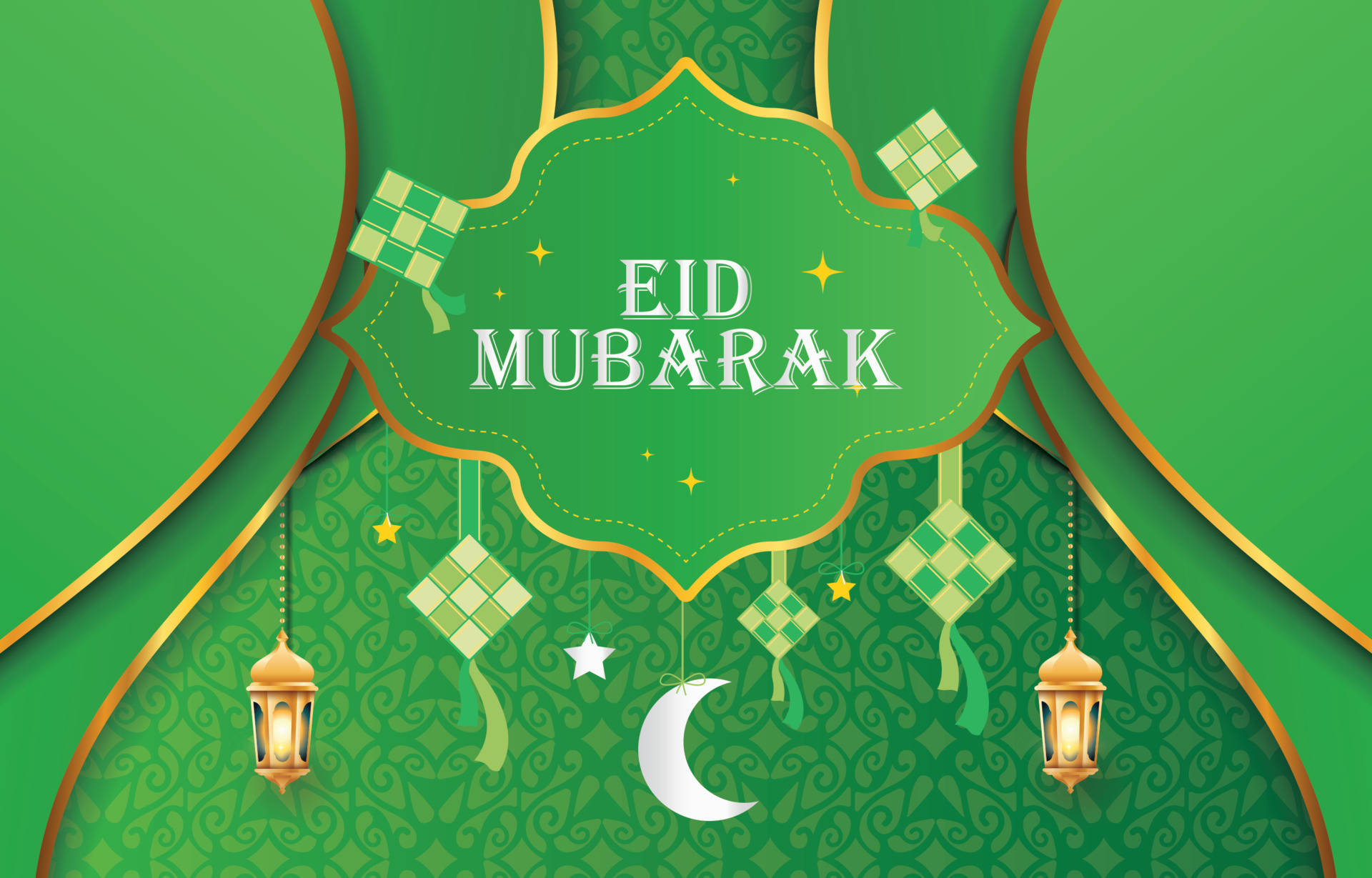 Eid Mubarak, golden crescent moon, lanterns, Full HD Desktop Wallpaper