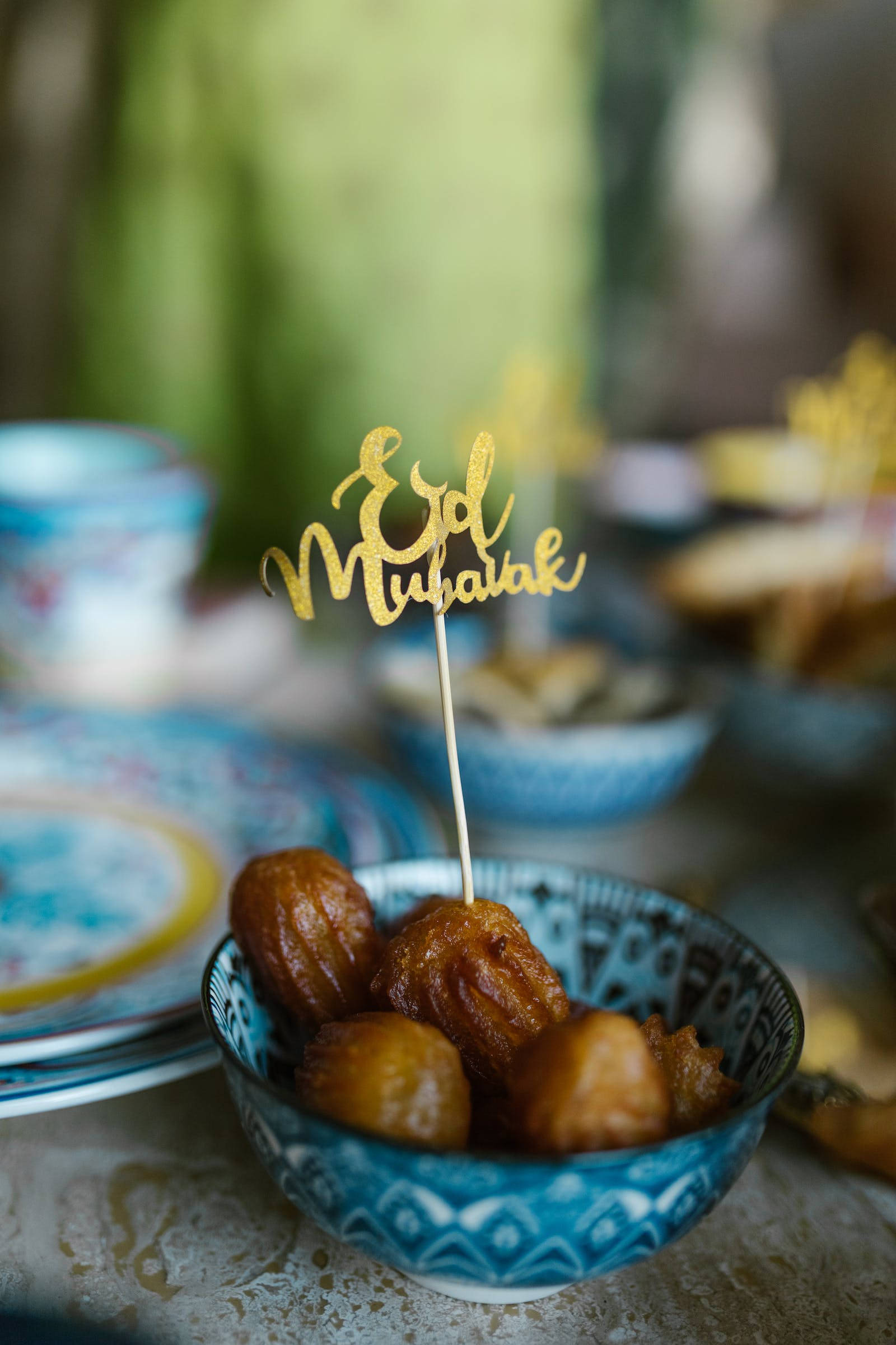 Eid Mubarak, golden, bowl of fried dough balls, Full HD Phone Wallpaper