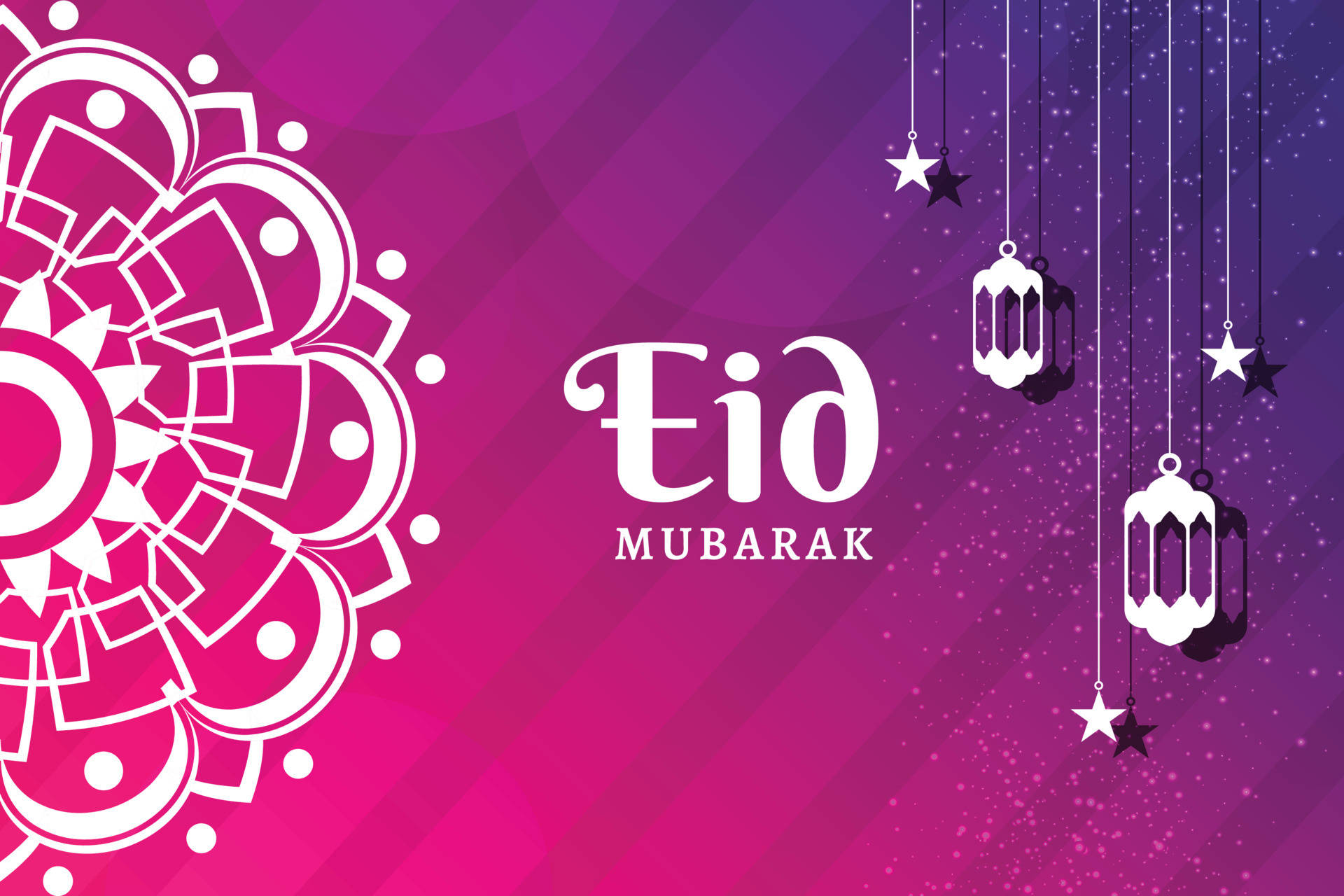 Eid Mubarak, starlit Ramadan lanterns, vibrant purple gradient, Full HD Desktop Wallpaper