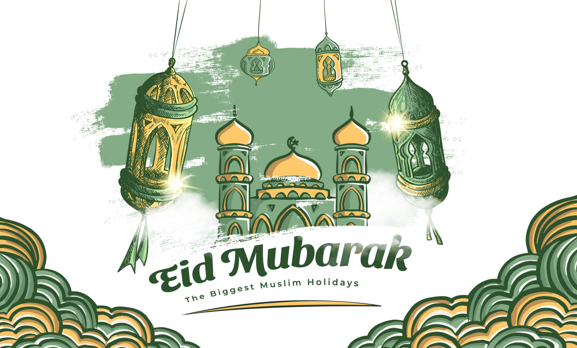 Eid Mubarak, mosque, hanging lanterns, Full HD Desktop Wallpaper