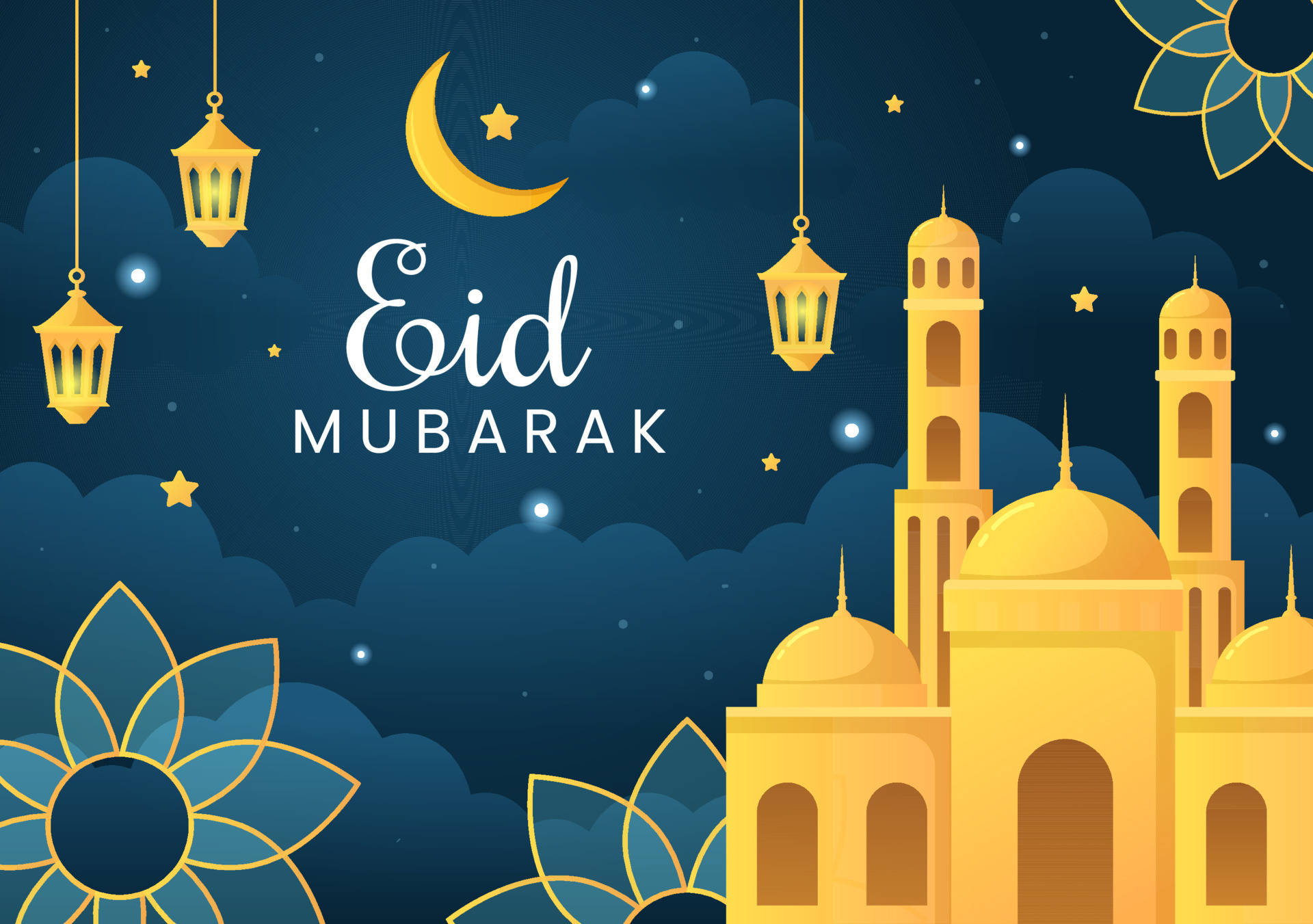 Eid Mubarak, golden mosque, hanging lanterns, Full HD Desktop Wallpaper
