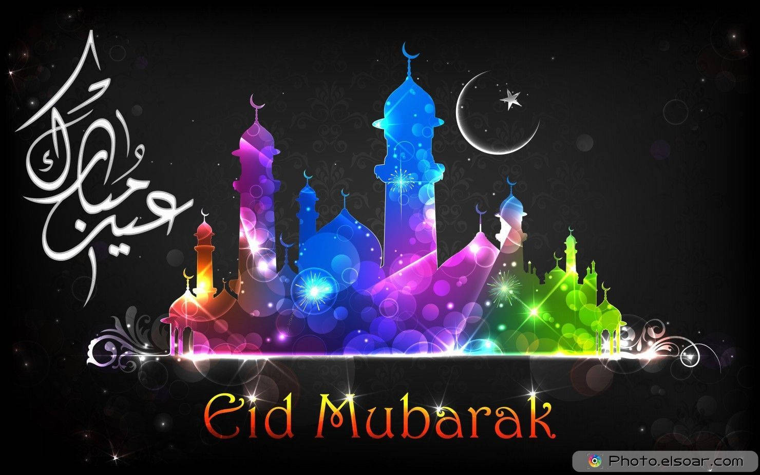 Eid Mubarak, rainbow-colored mosque silhouettes, starry night sky, HD Desktop Wallpaper