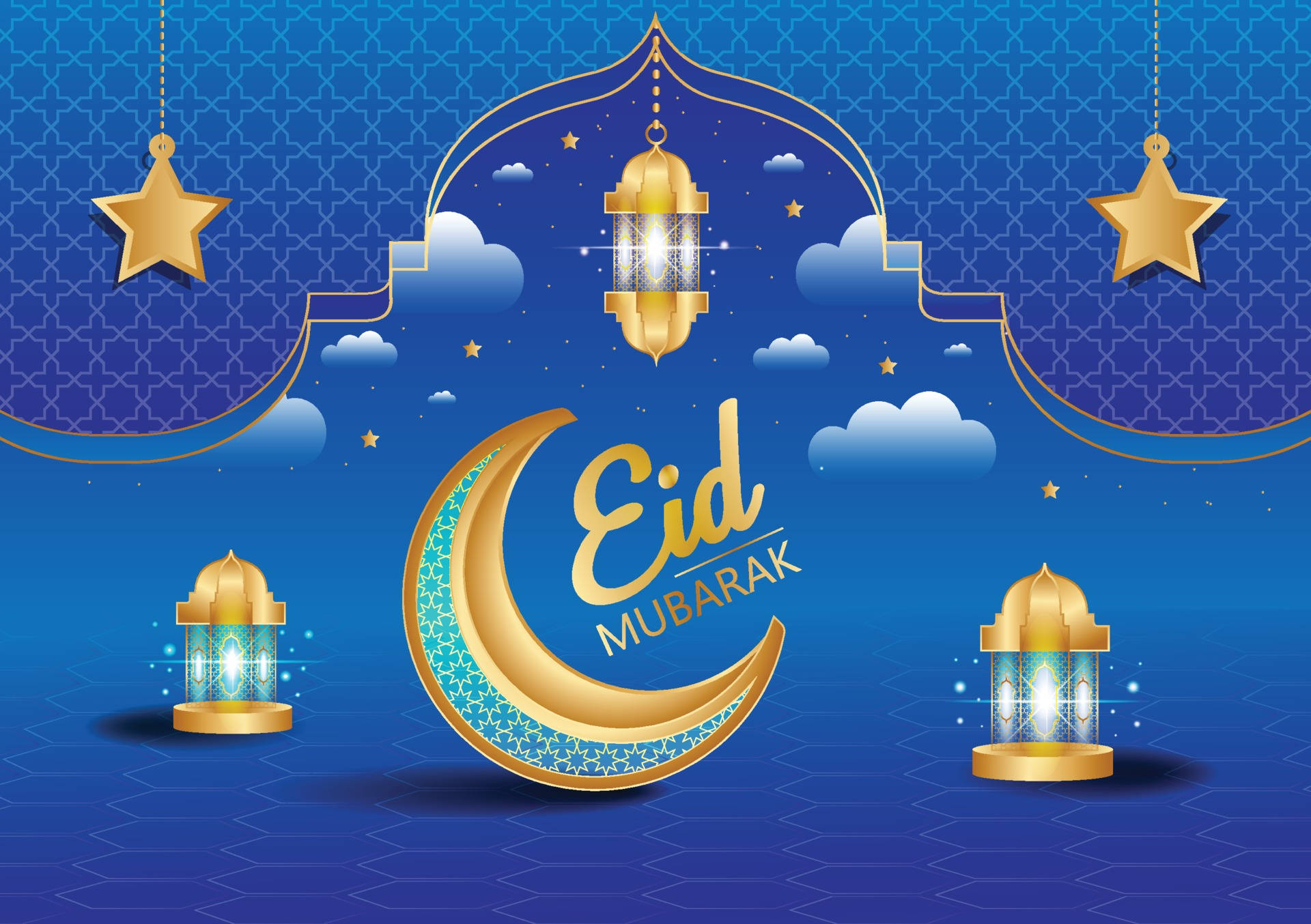 Eid Mubarak, golden crescent moon, lanterns, Full HD Desktop Wallpaper