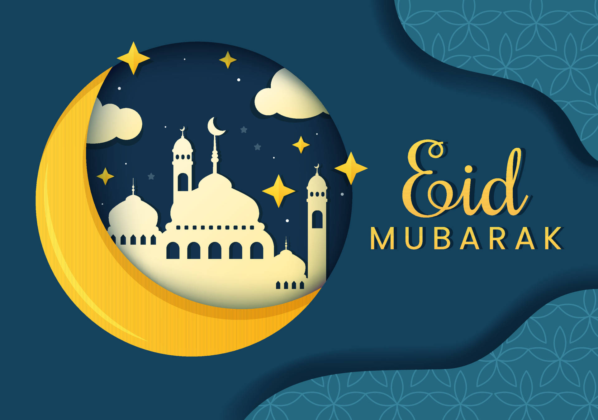 Eid Mubarak, golden crescent moon, white mosque, Full HD Desktop Wallpaper