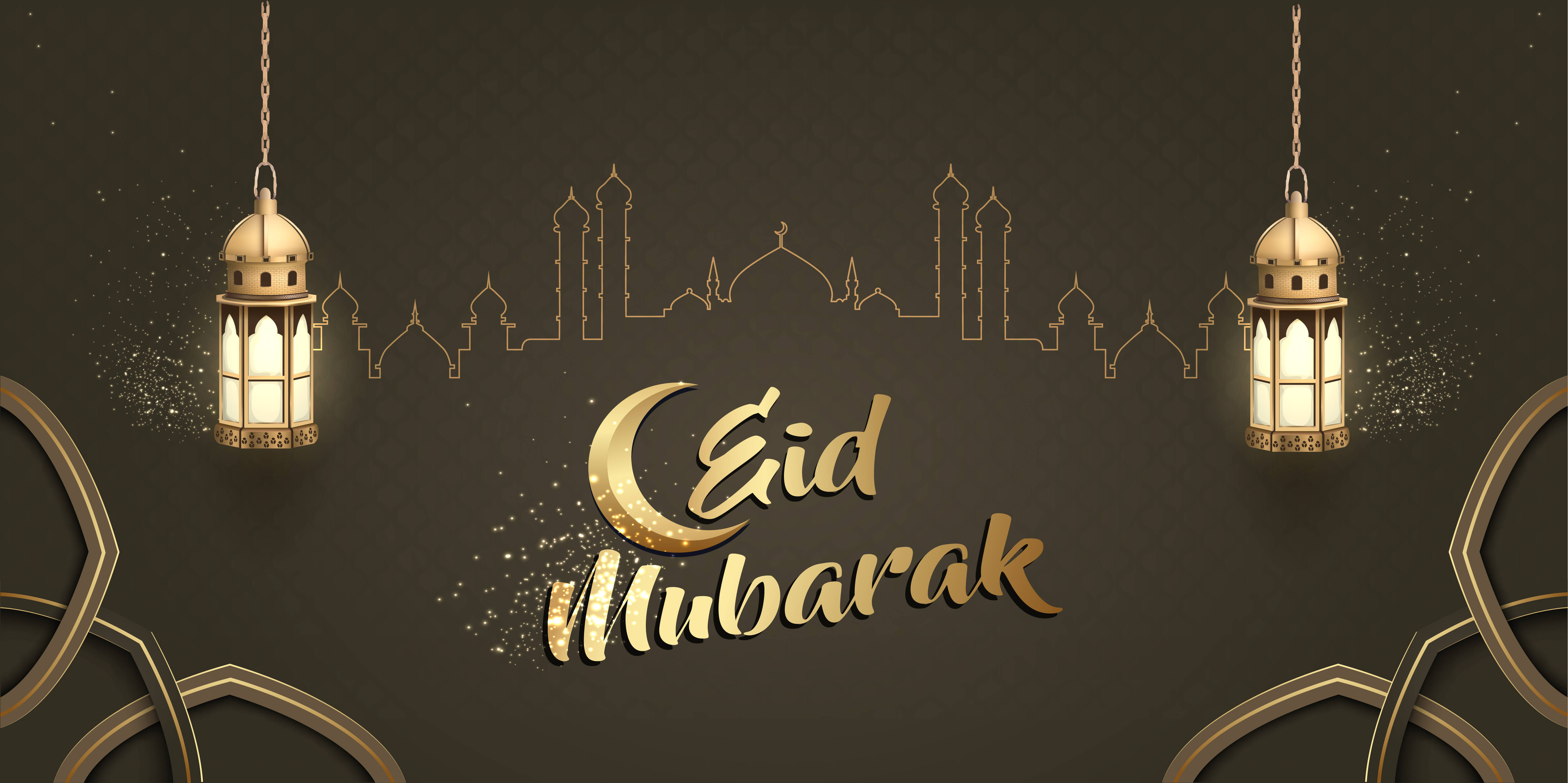 Eid Mubarak, golden text, glowing lanterns, 5K Desktop Wallpaper