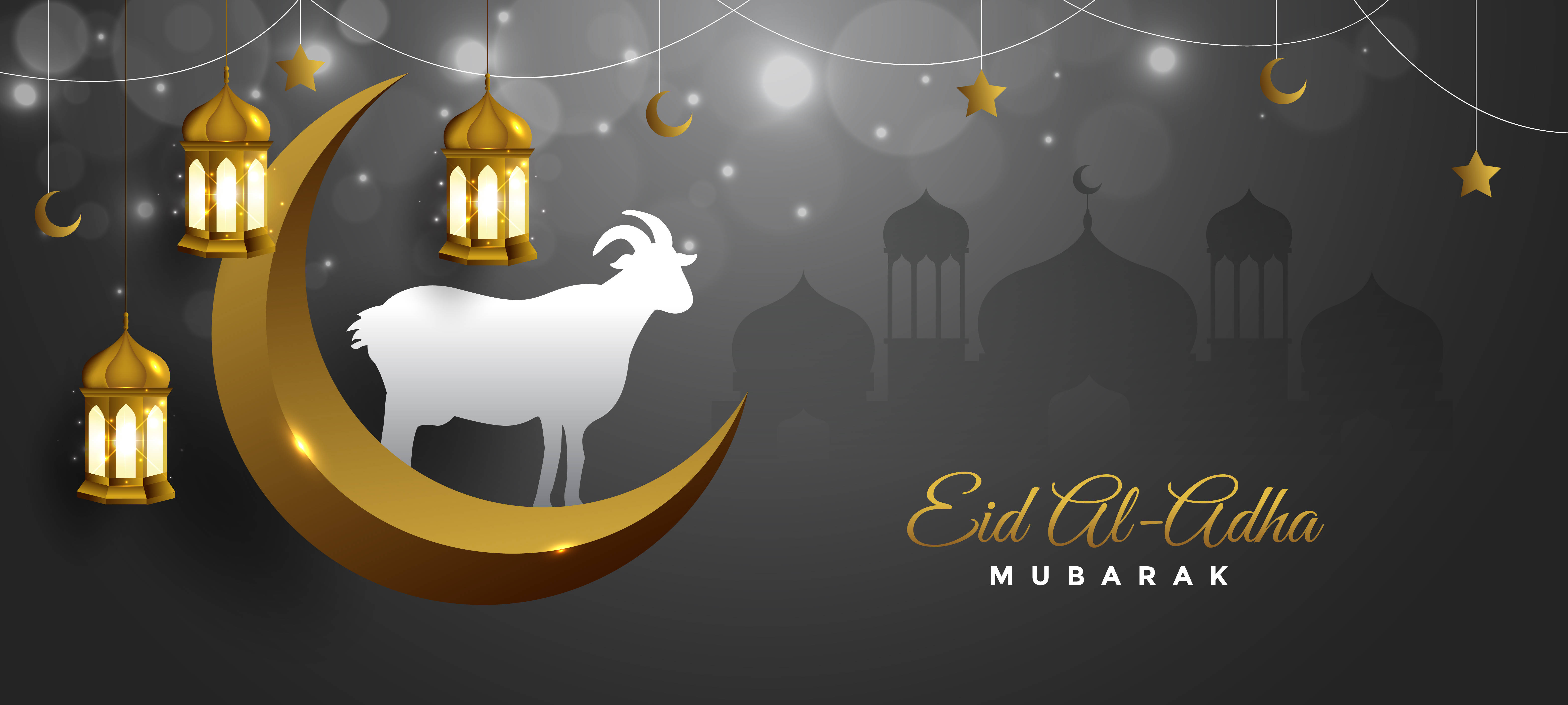 golden crescent moon, white goat silhouette, hanging lanterns, 5K Desktop Wallpaper