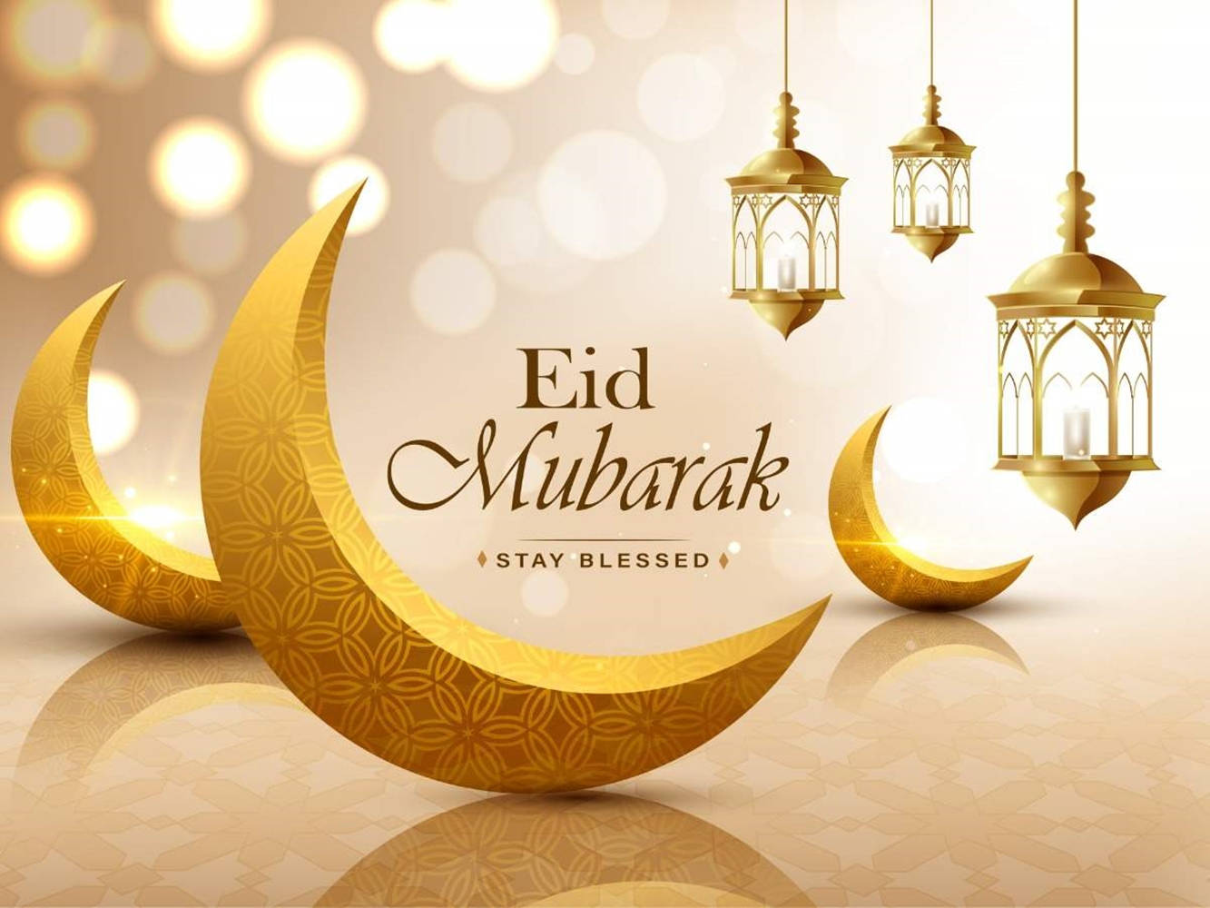 Eid-Ul-Adha Mubarak, golden crescent moons, hanging lanterns, HD Desktop Wallpaper