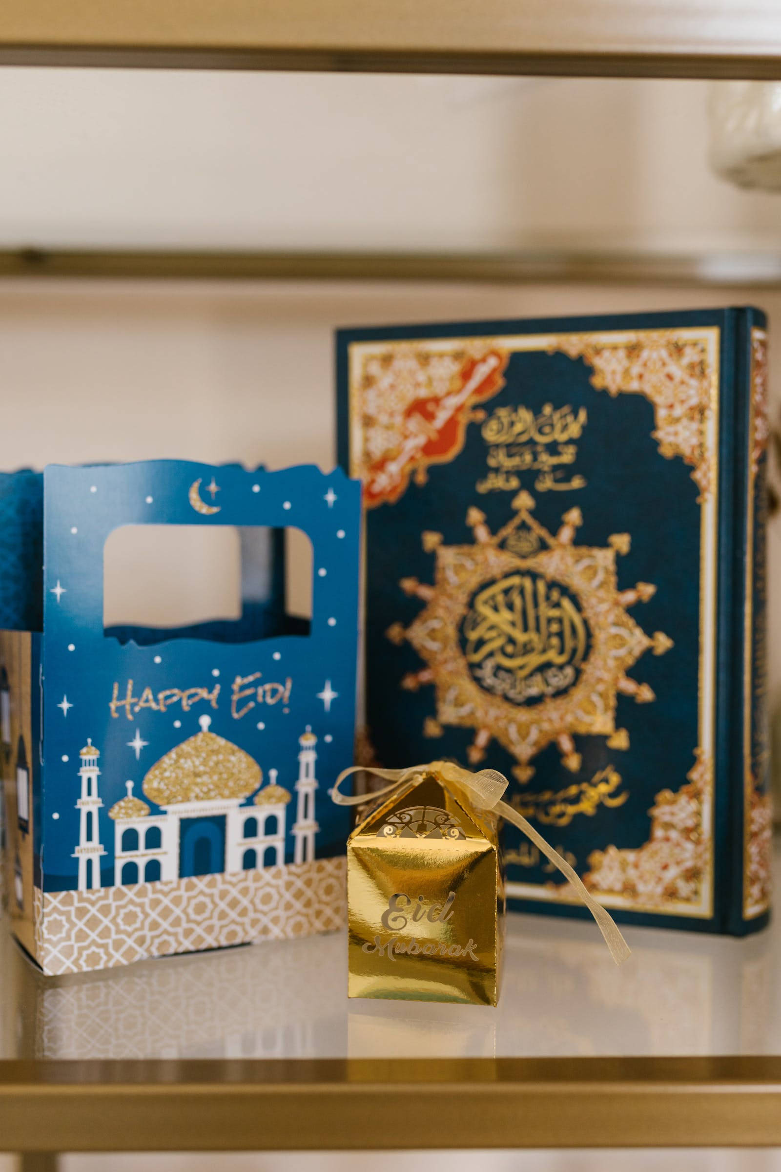 crescent moon, Eid Mubarak, blue gift bag, Full HD Phone Wallpaper