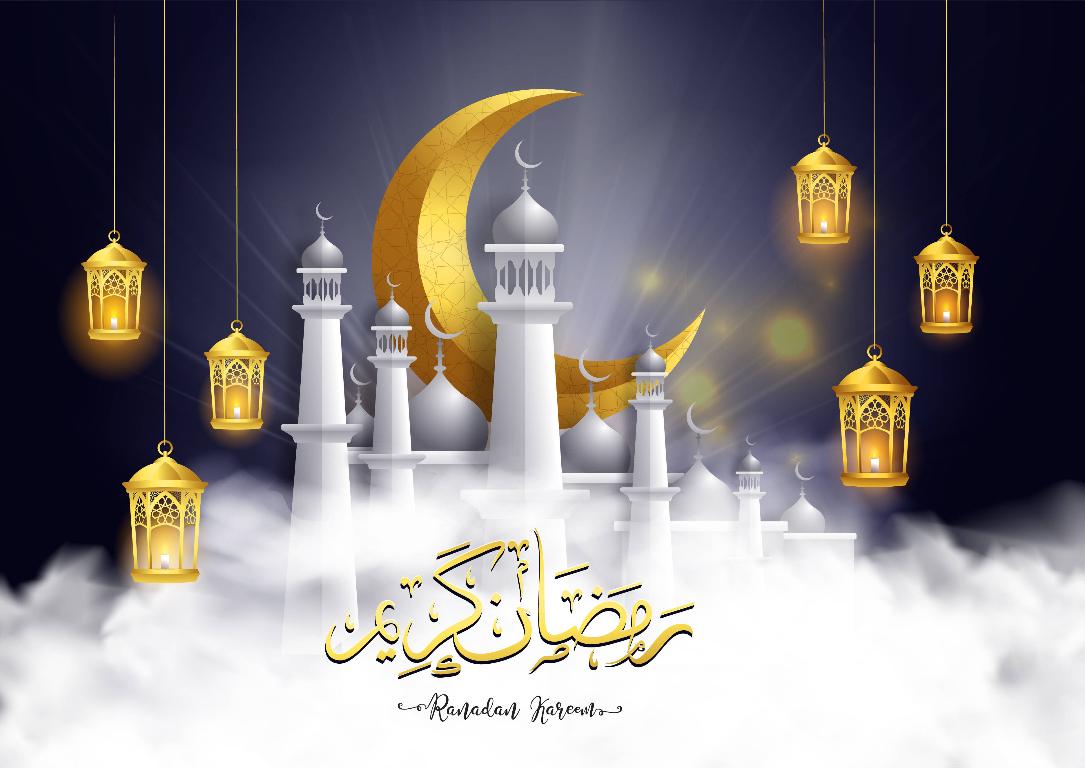 crescent moon, white mosque silhouettes, golden lanterns, 2K Desktop Wallpaper