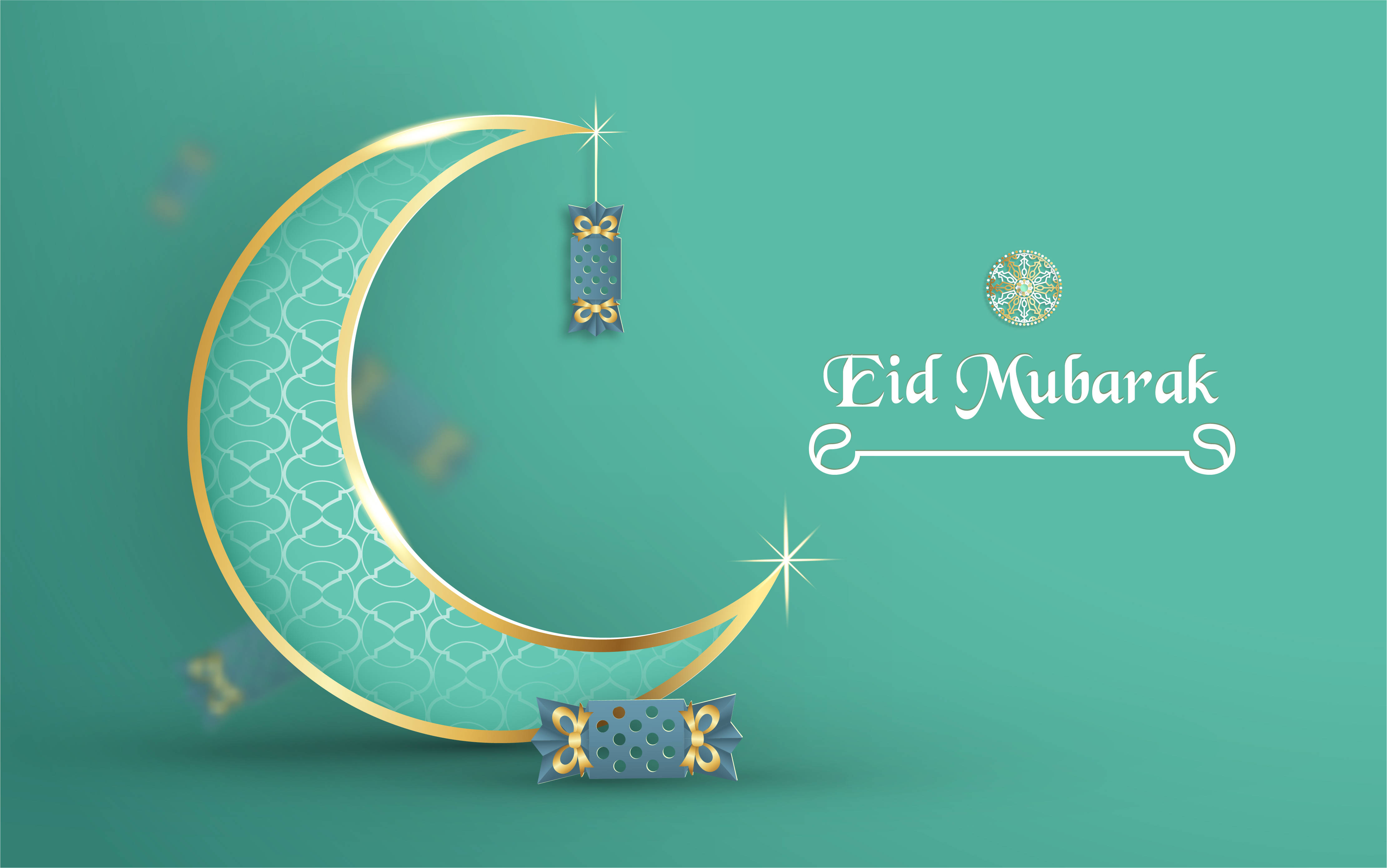 Eid Mubarak, golden crescent moon, intricate patterns, 4K Desktop Wallpaper