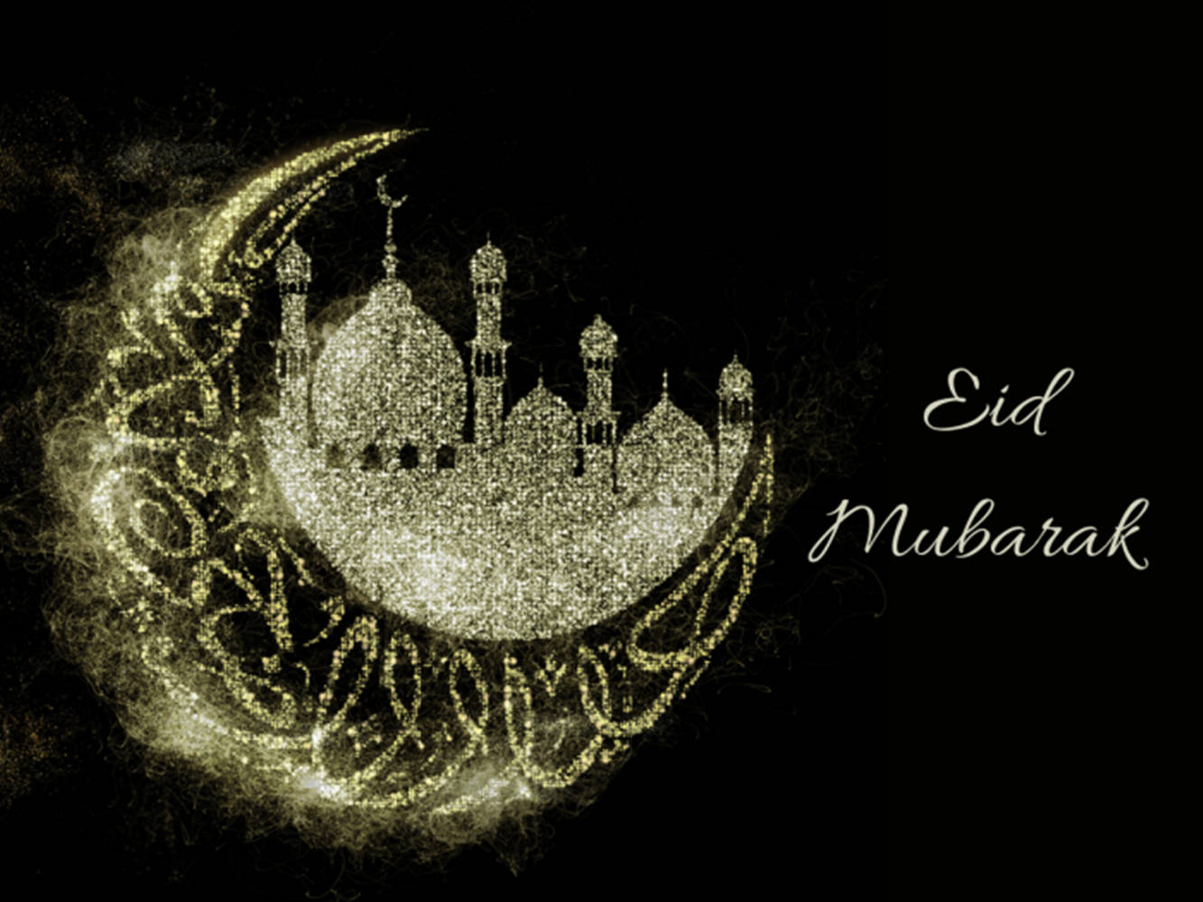 Eid Mubarak, golden crescent moon, mosque silhouette, HD Desktop Wallpaper