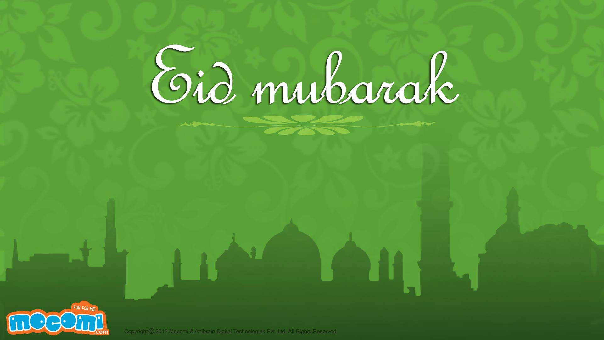 Eid Mubarak, mosque silhouette, green floral, Full HD Desktop Wallpaper