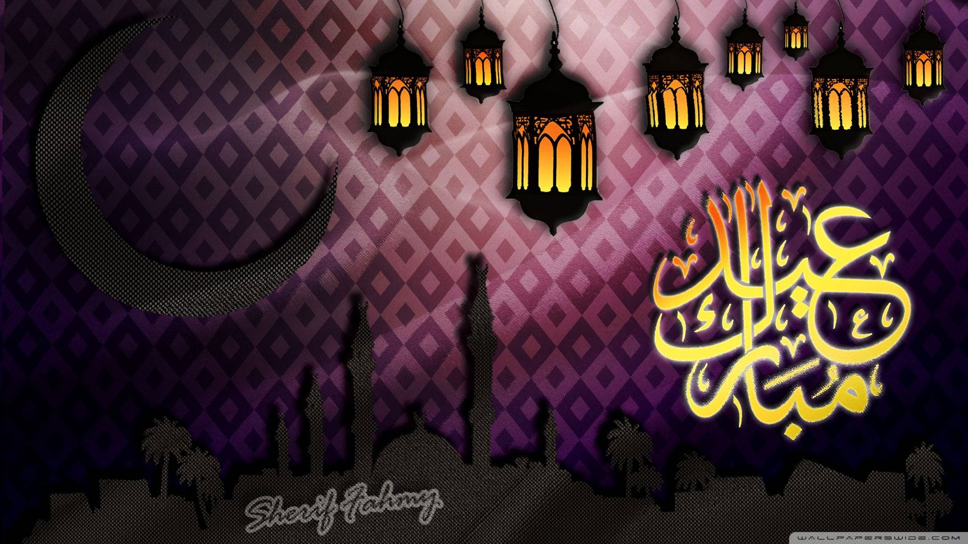 Eid Mubarak, crescent moon, glowing lanterns, Full HD Desktop Wallpaper