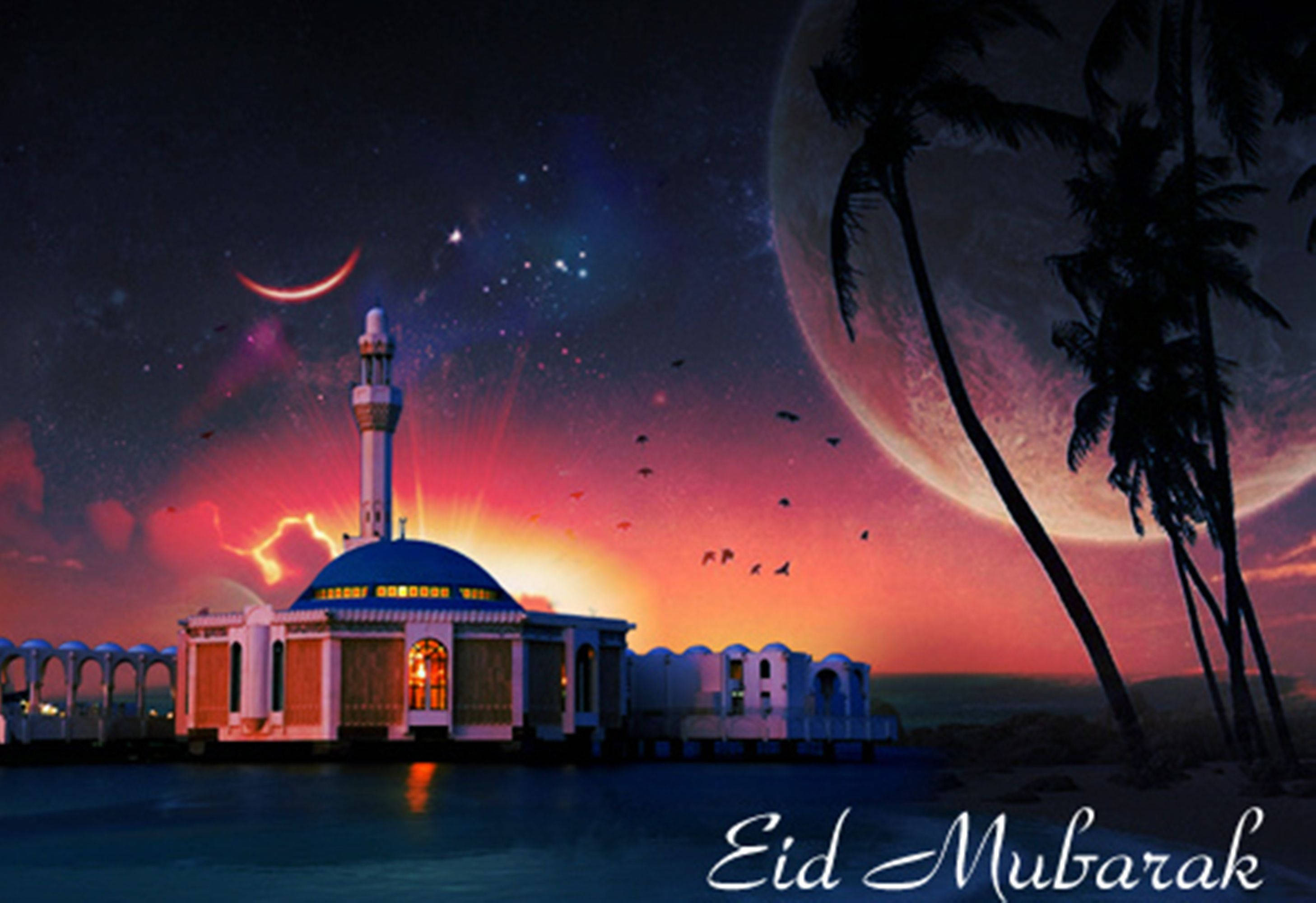 glowing mosque, water, cosmic sky, 2K Desktop Wallpaper
