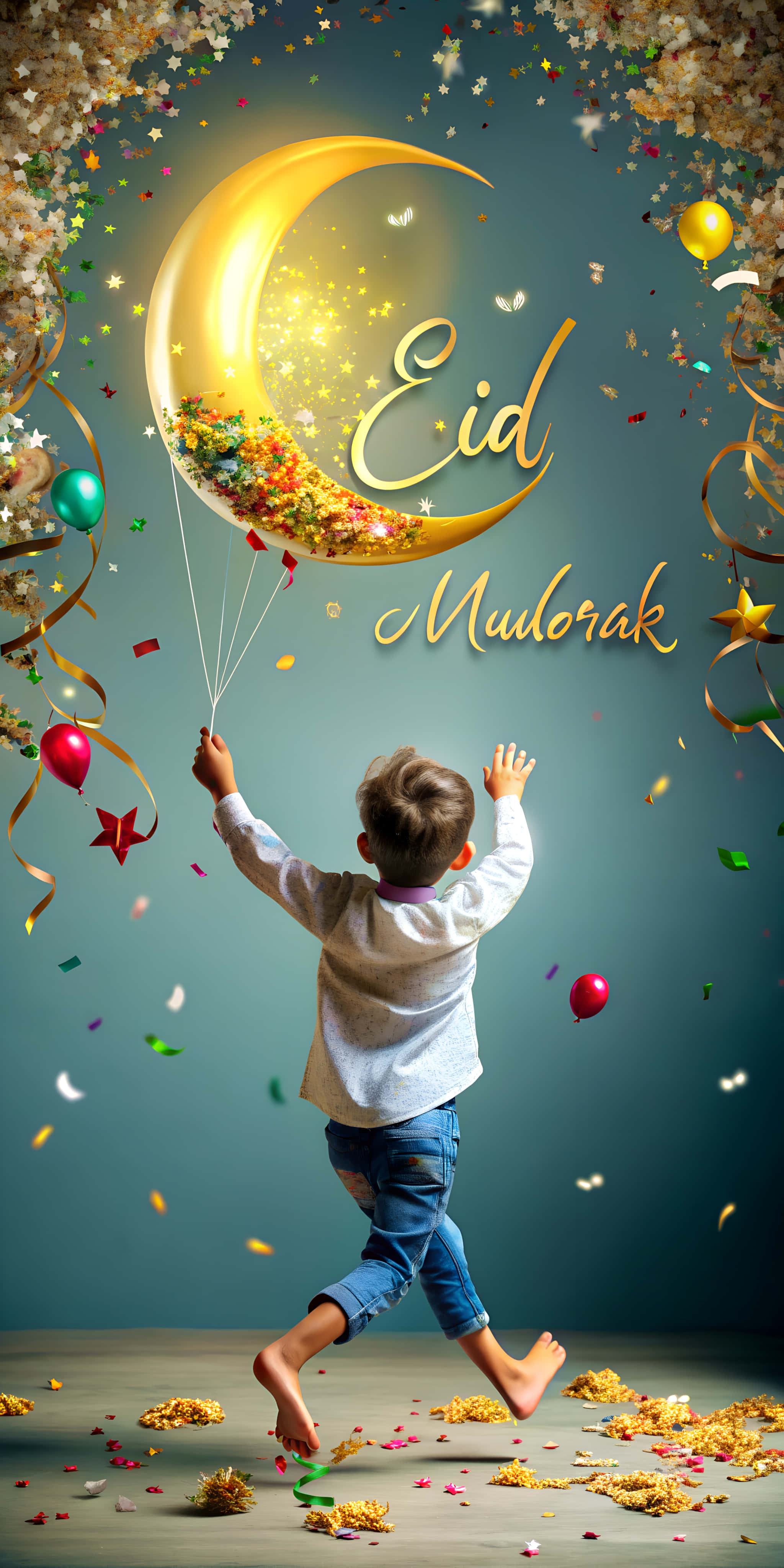 Eid Mubarak, crescent moon balloon, confetti, 4K Phone Wallpaper