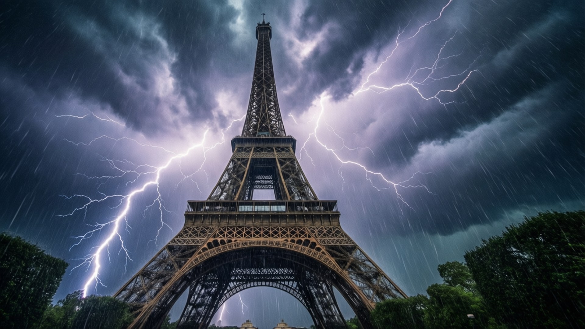 Eiffel Tower, stormy sky, lightning, Full HD Desktop Wallpaper
